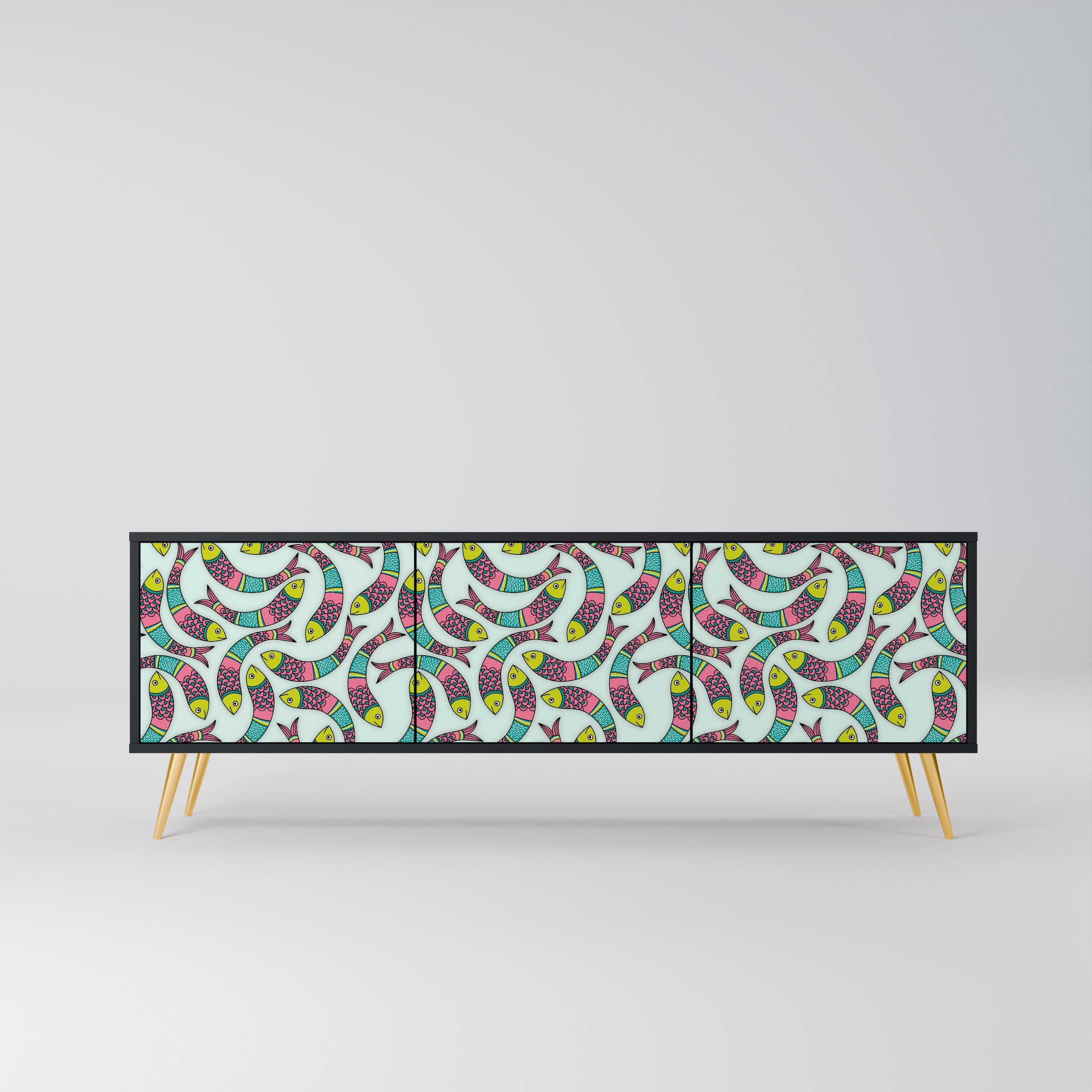 INDIAN FISH 3-Door TV Stand in Black Finish