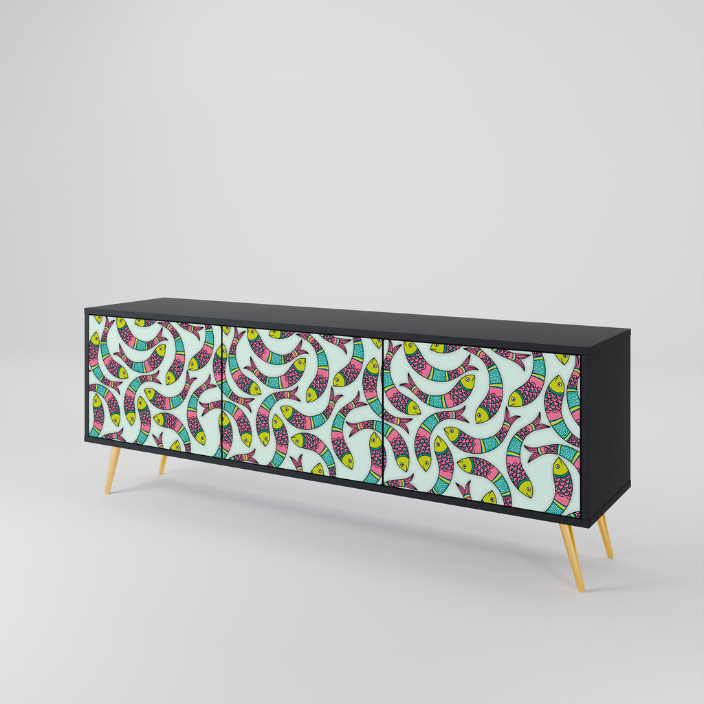 INDIAN FISH 3-Door TV Stand in Black Finish