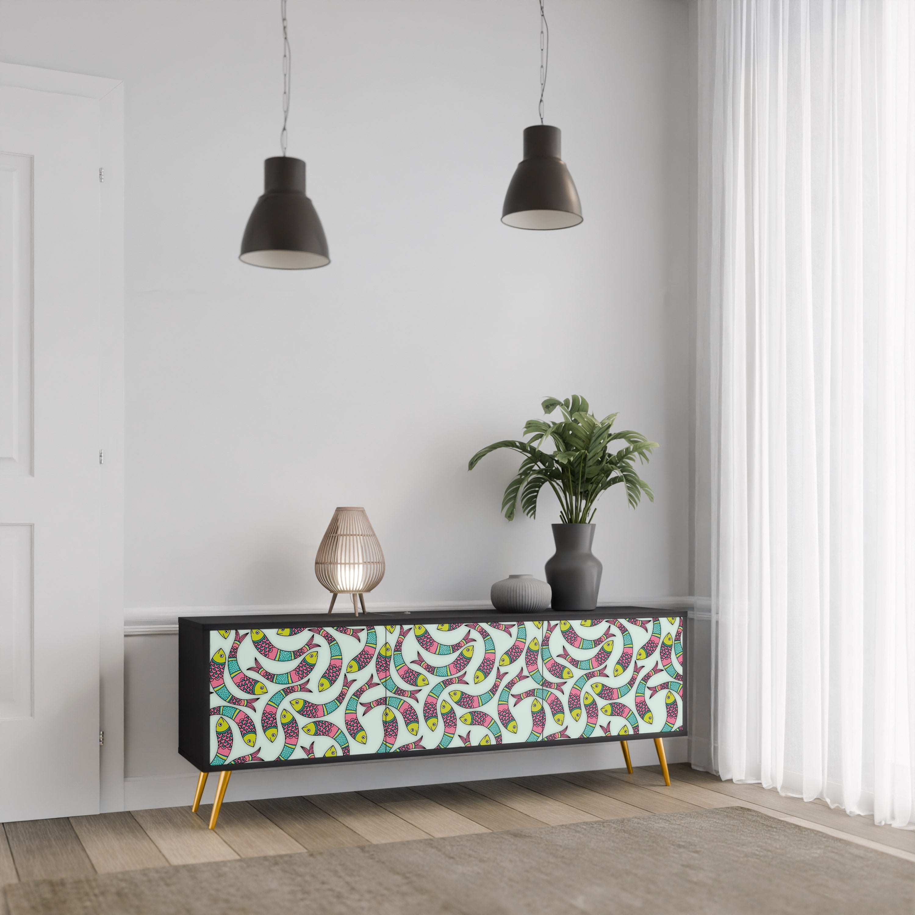 INDIAN FISH 3-Door TV Stand in Black Finish