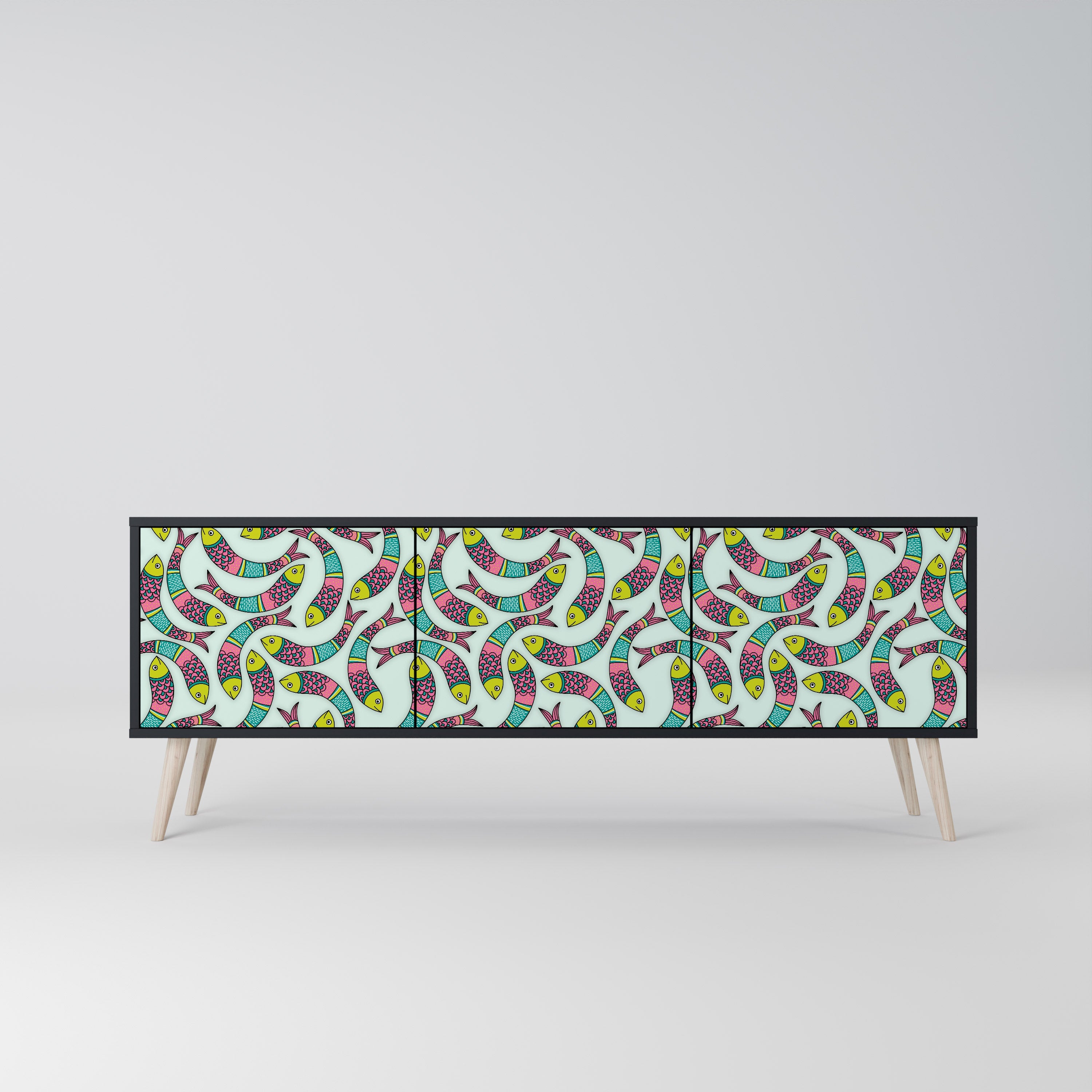 INDIAN FISH 3-Door TV Stand in Black Finish