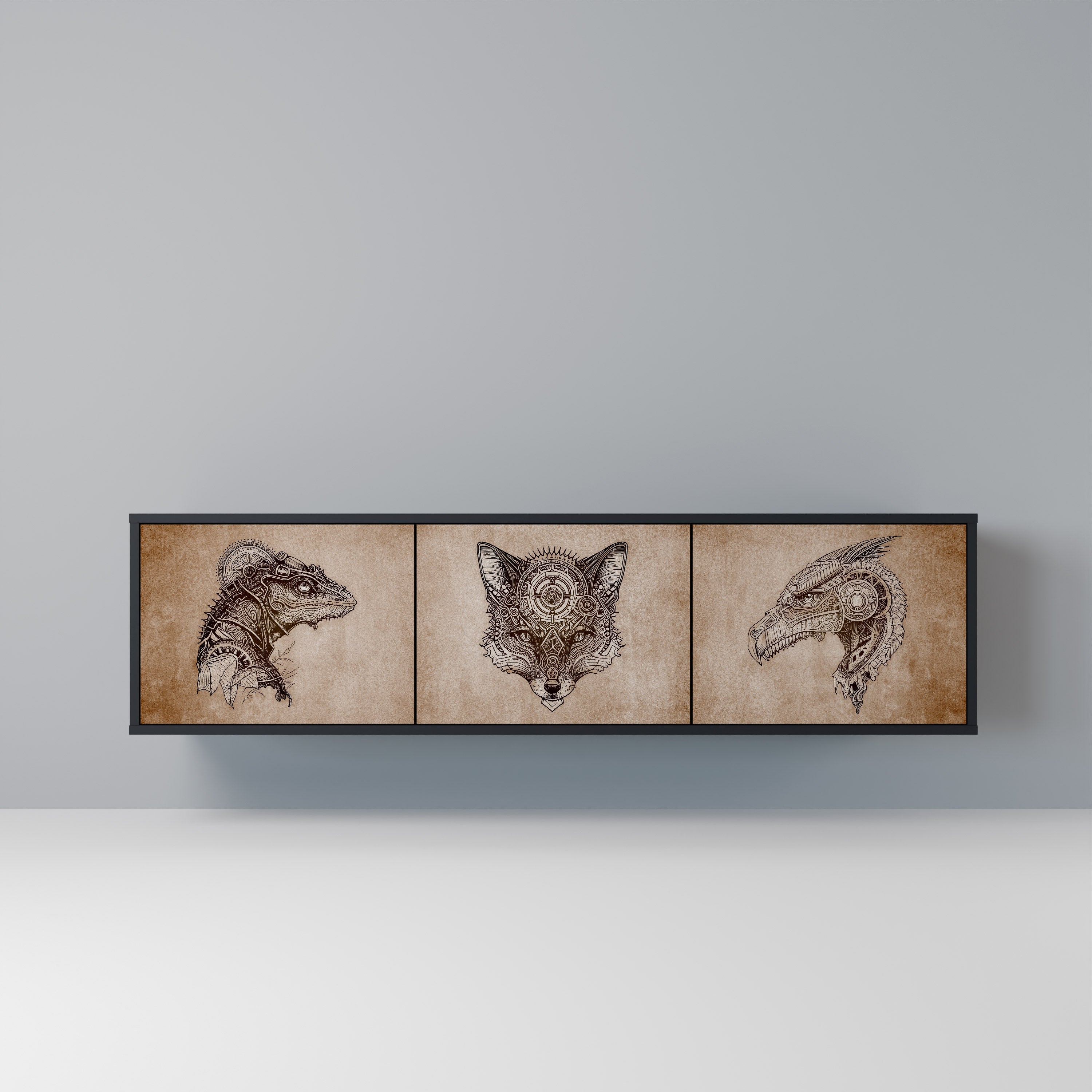 STEAMPUNK CLAN 3-Door TV Stand in Black Finish