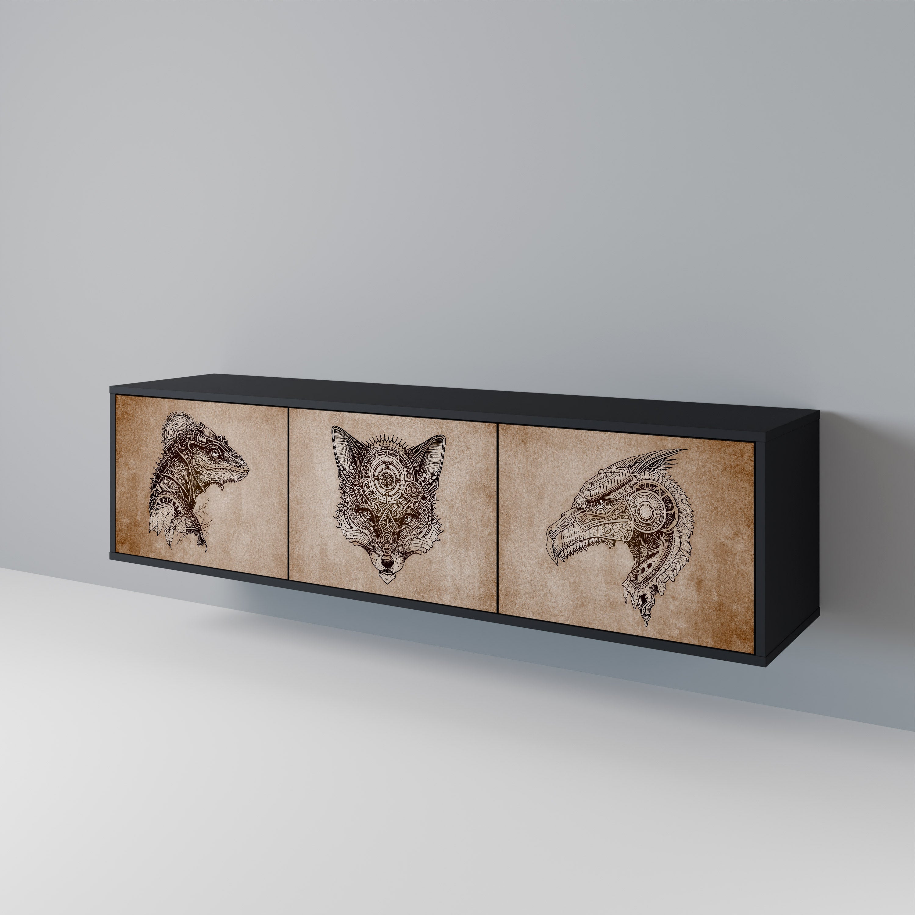 STEAMPUNK CLAN 3-Door TV Stand in Black Finish