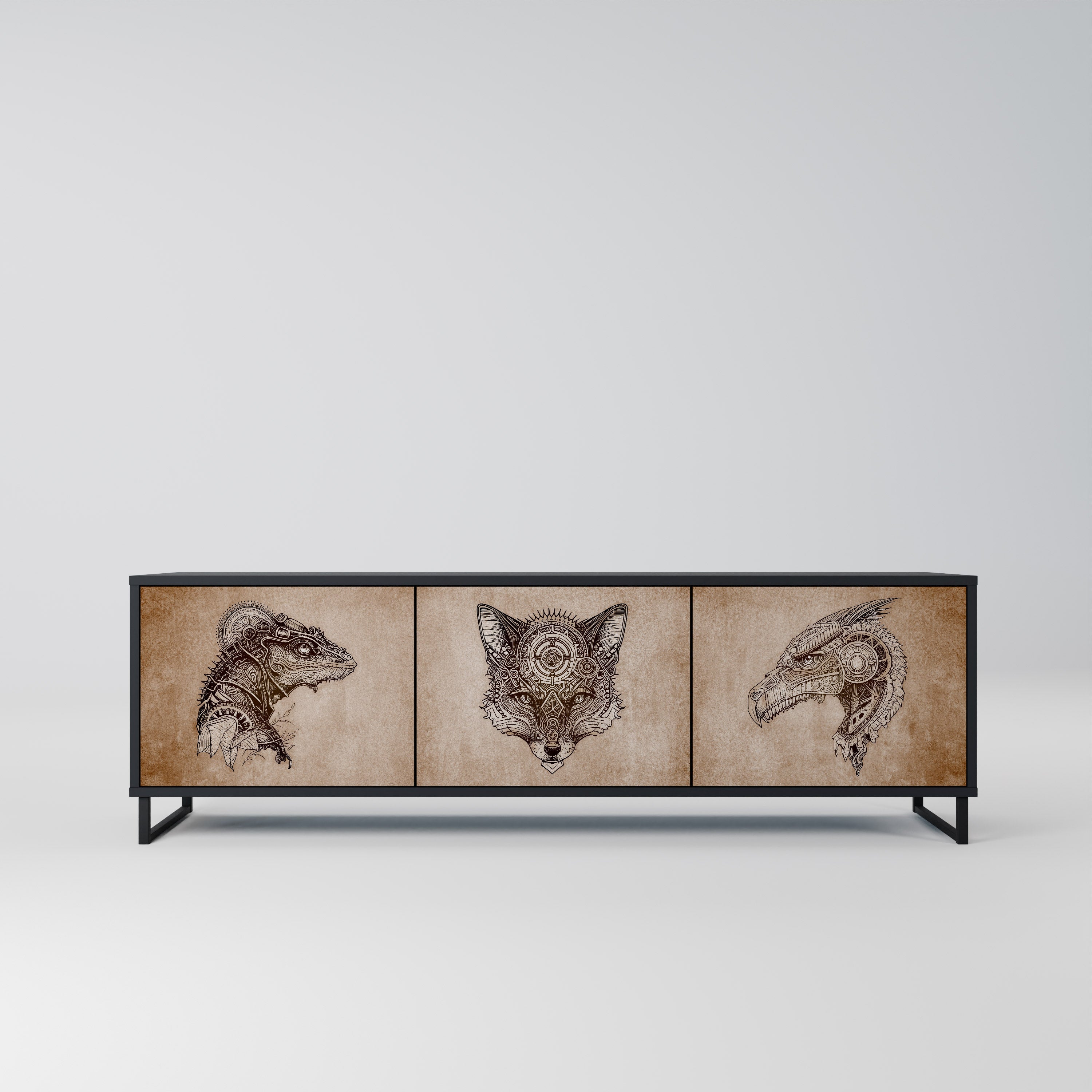 STEAMPUNK CLAN 3-Door TV Stand in Black Finish