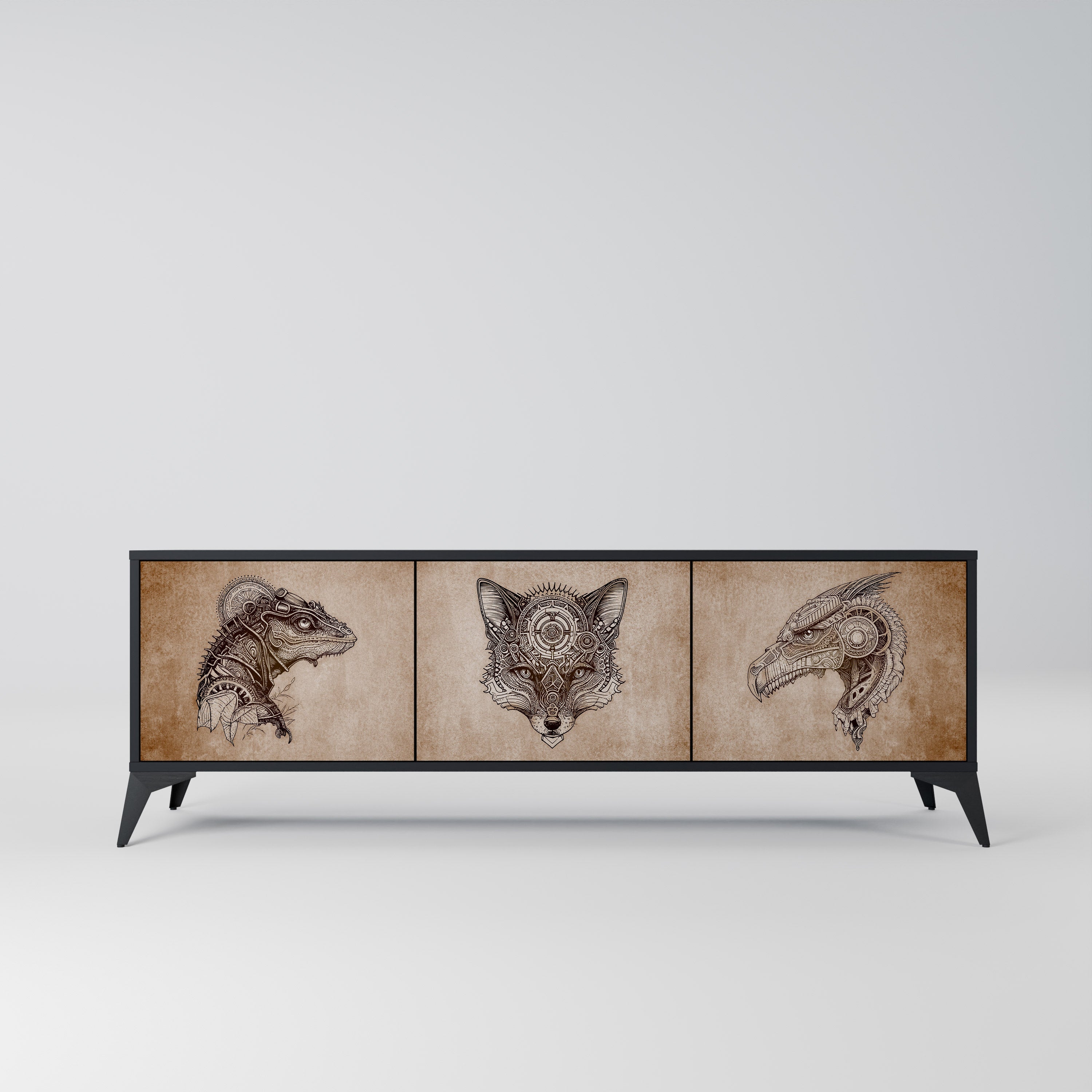 STEAMPUNK CLAN 3-Door TV Stand in Black Finish