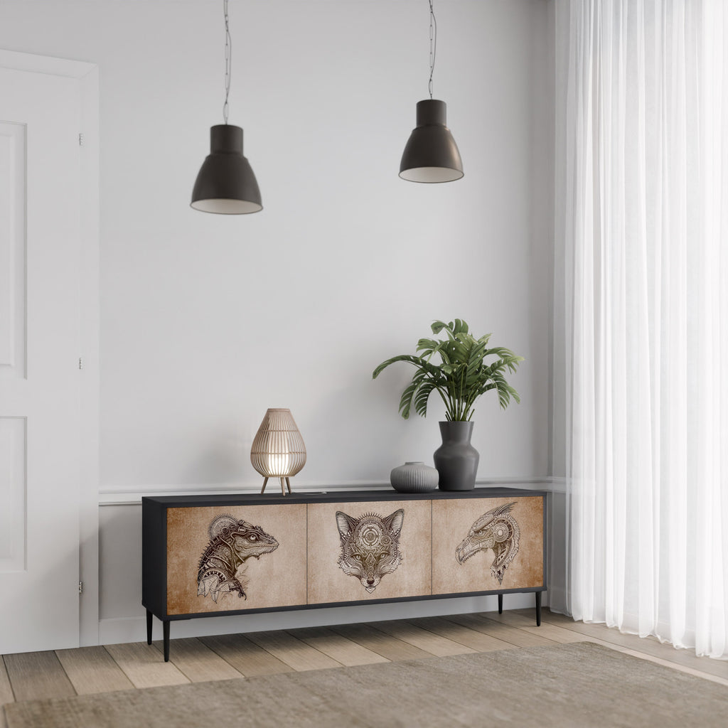 STEAMPUNK CLAN 3-Door TV Stand in Black Finish