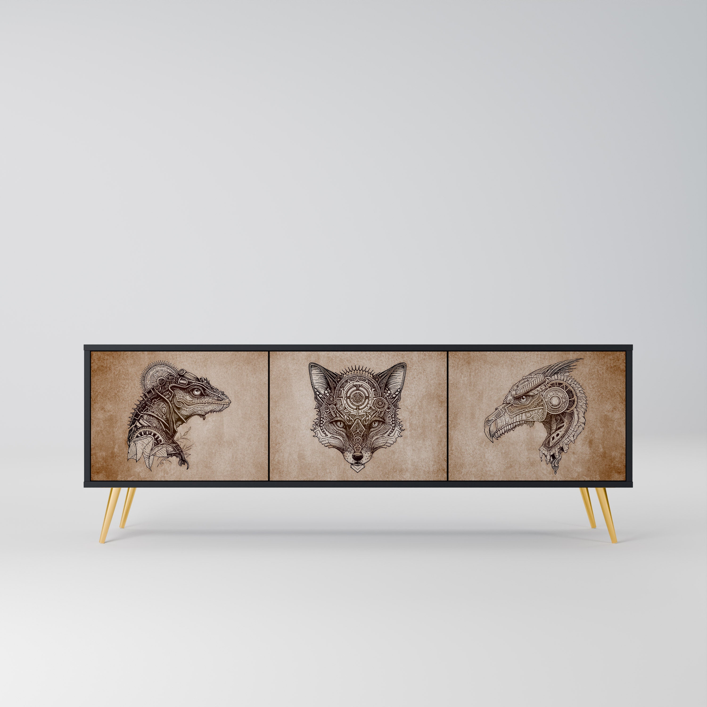 STEAMPUNK CLAN 3-Door TV Stand in Black Finish