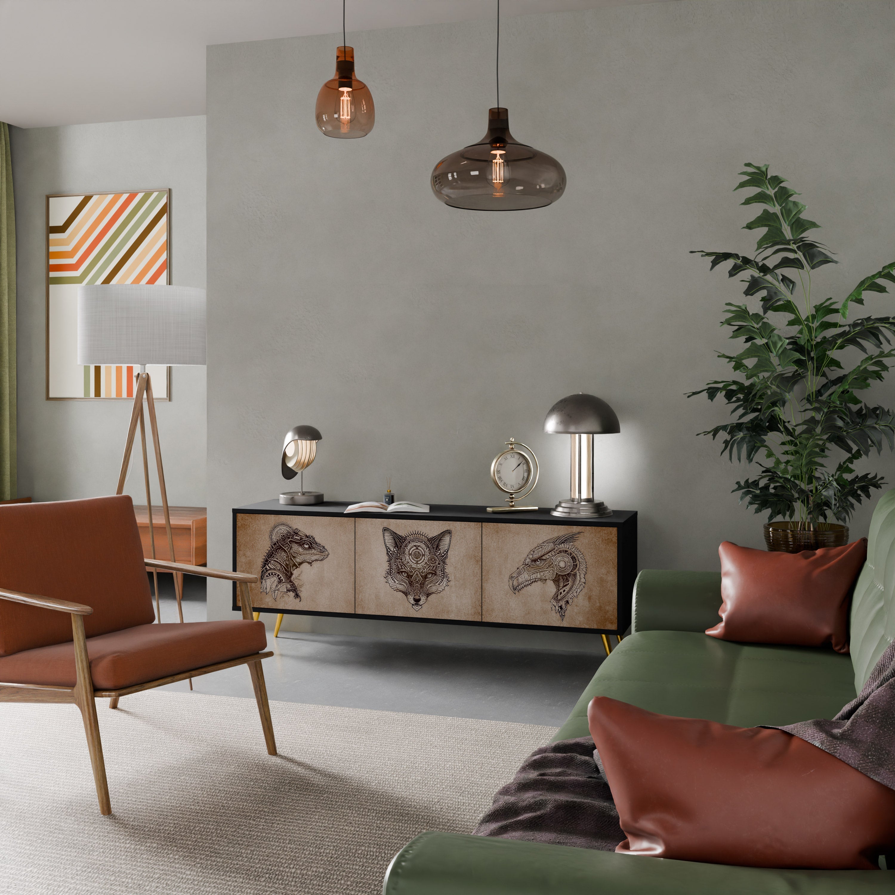 STEAMPUNK CLAN 3-Door TV Stand in Black Finish