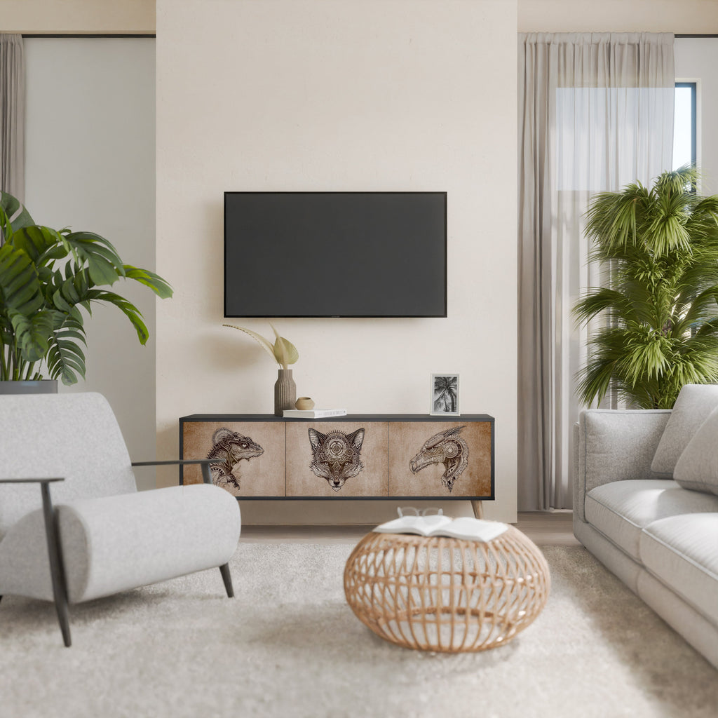 STEAMPUNK CLAN 3-Door TV Stand in Black Finish