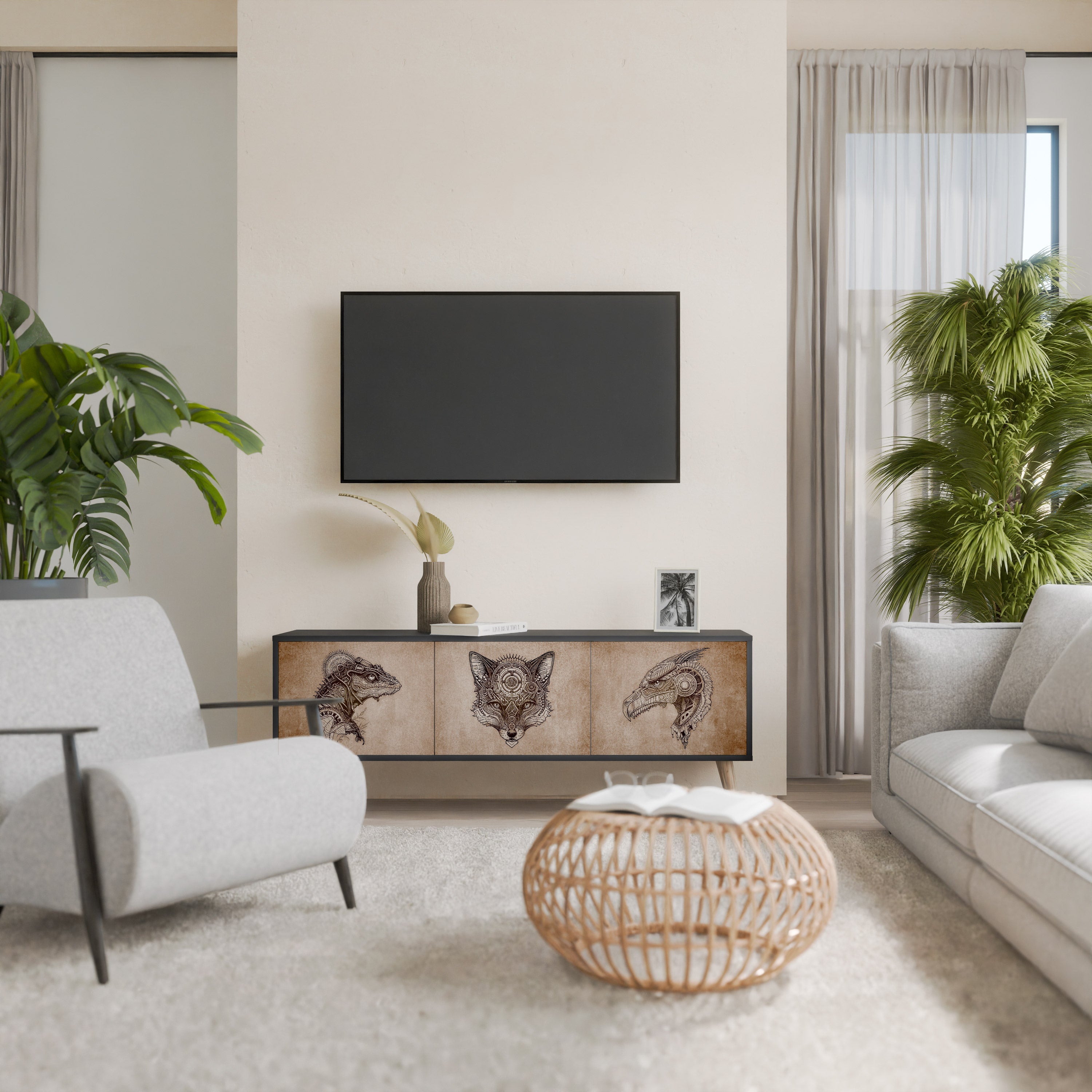 STEAMPUNK CLAN 3-Door TV Stand in Black Finish