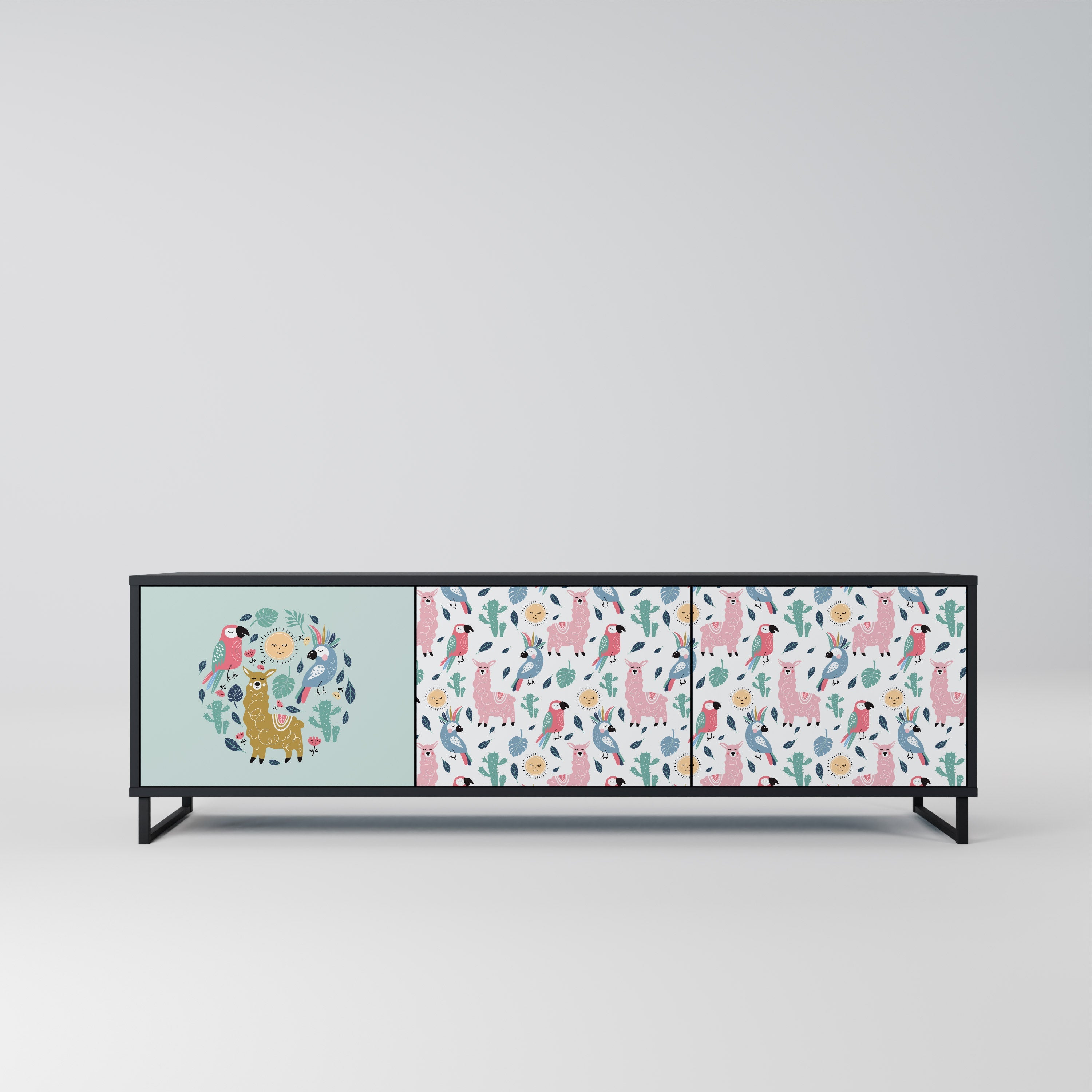 COLORFUL ALPACAS 3-Door TV Stand in Black Finish