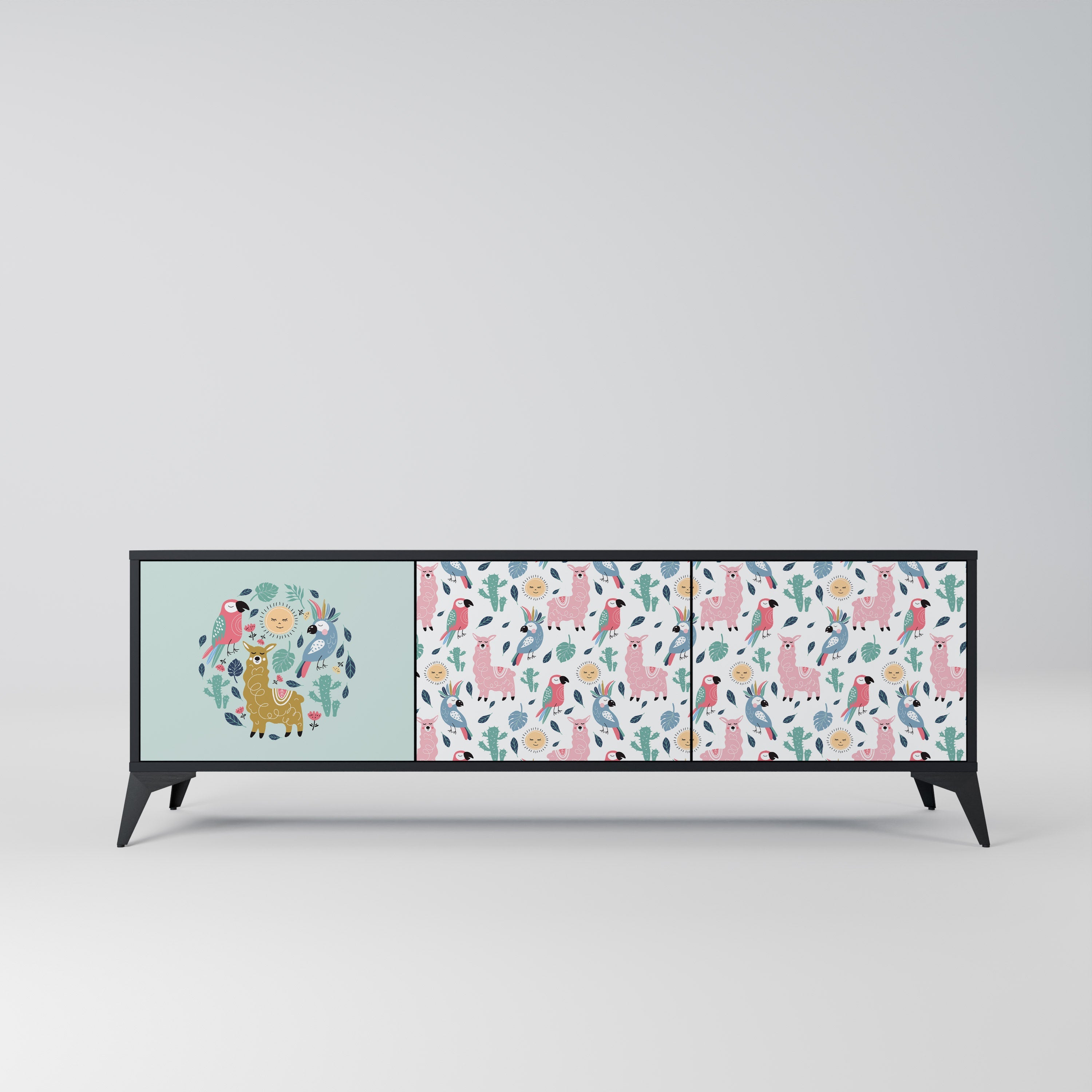 COLORFUL ALPACAS 3-Door TV Stand in Black Finish