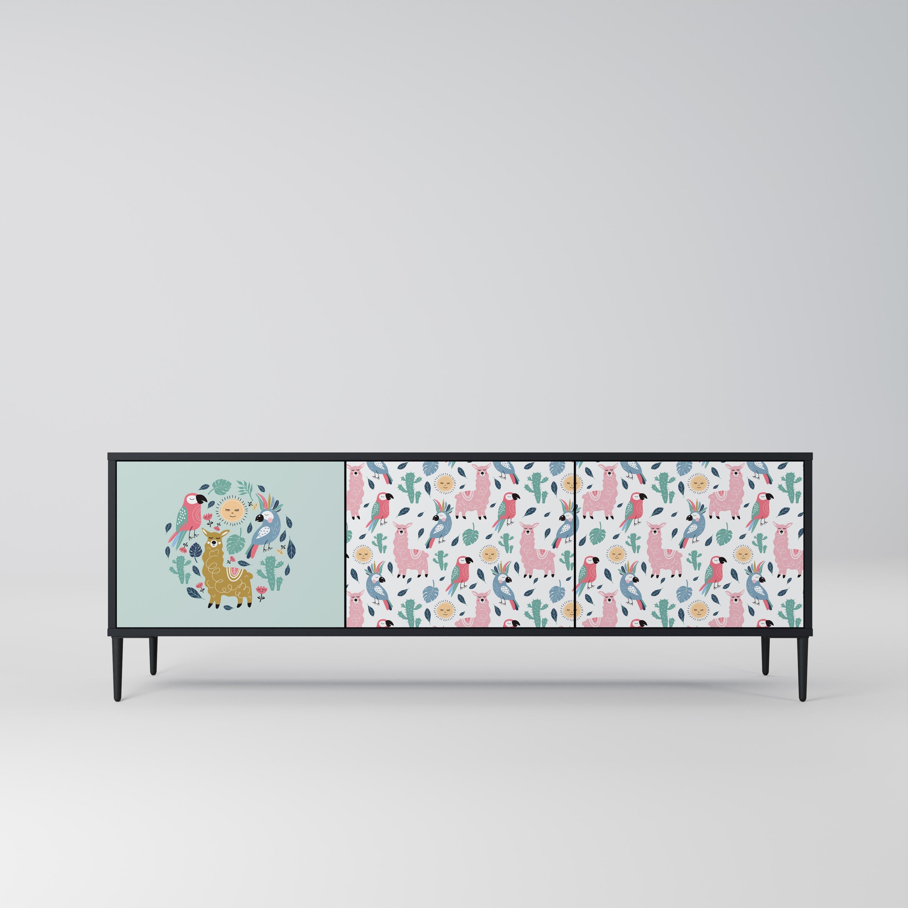 COLORFUL ALPACAS 3-Door TV Stand in Black Finish