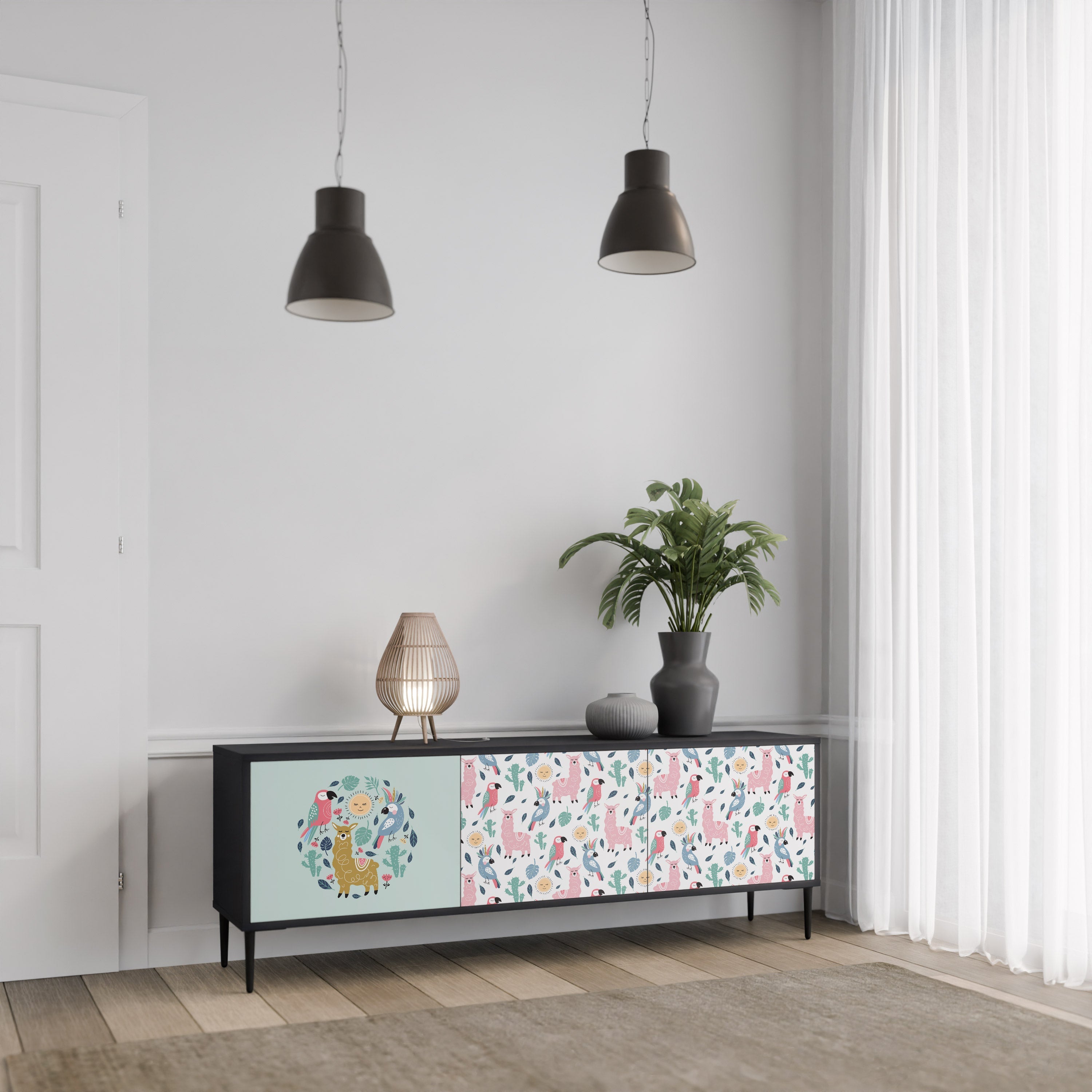 COLORFUL ALPACAS 3-Door TV Stand in Black Finish