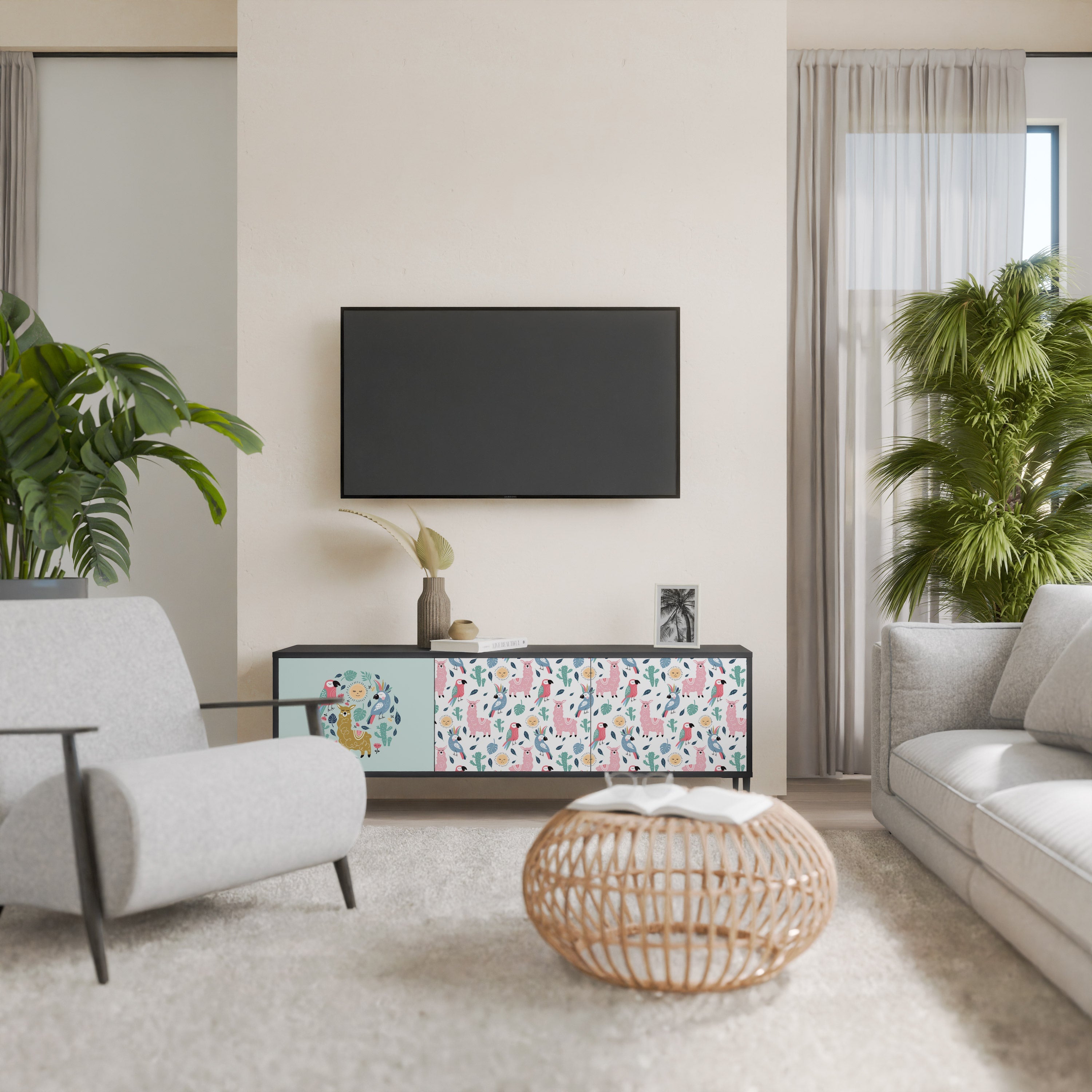 COLORFUL ALPACAS 3-Door TV Stand in Black Finish