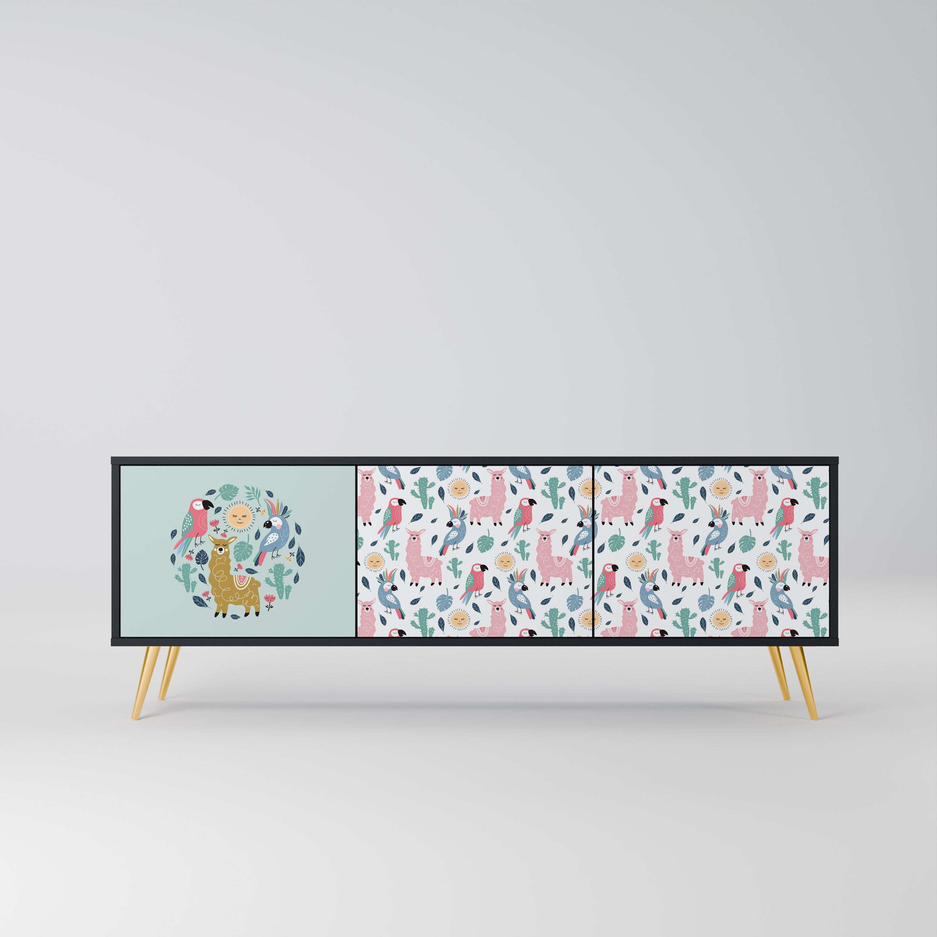 COLORFUL ALPACAS 3-Door TV Stand in Black Finish