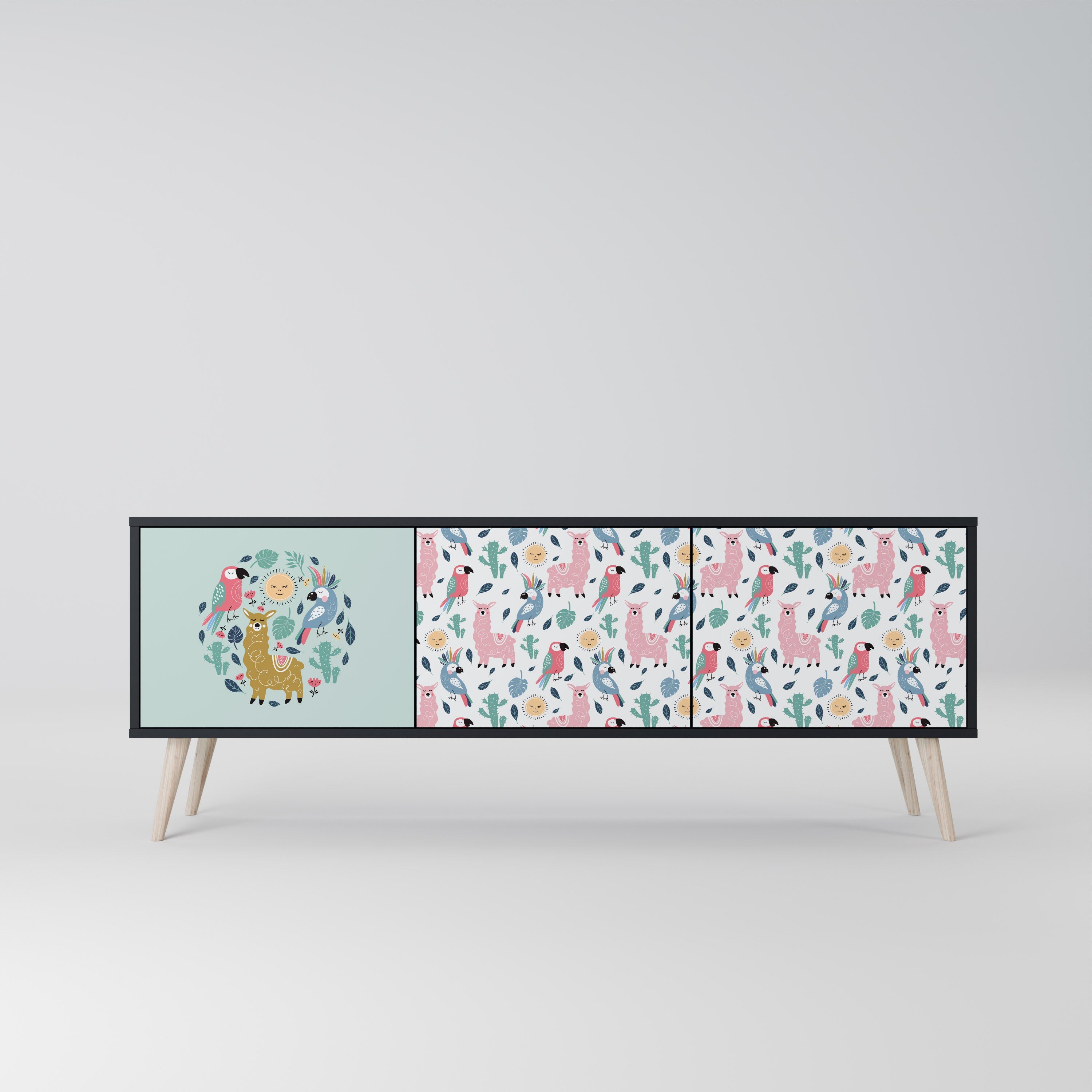 COLORFUL ALPACAS 3-Door TV Stand in Black Finish