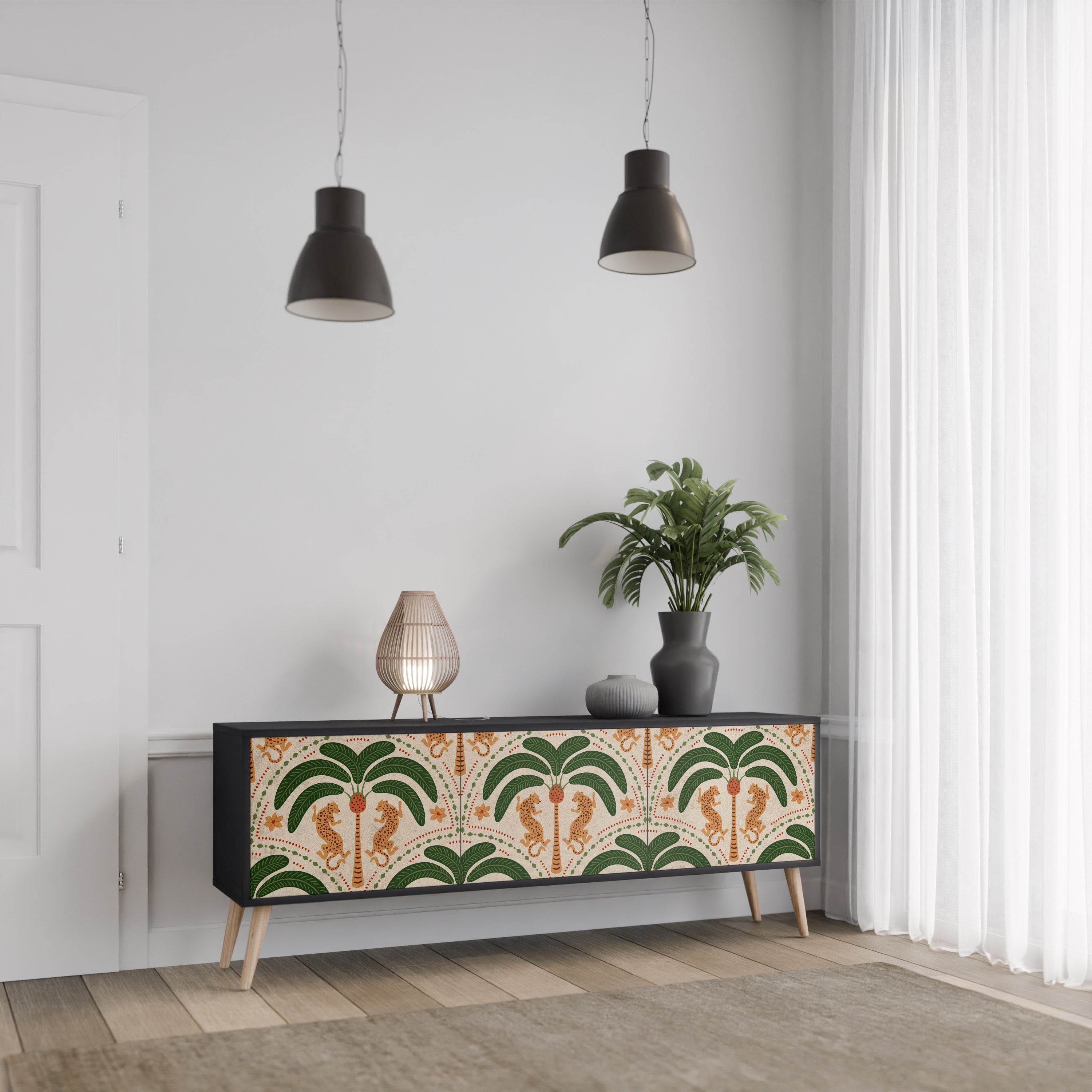 DANCING PREDATORS 3-Door TV Stand in Black Finish