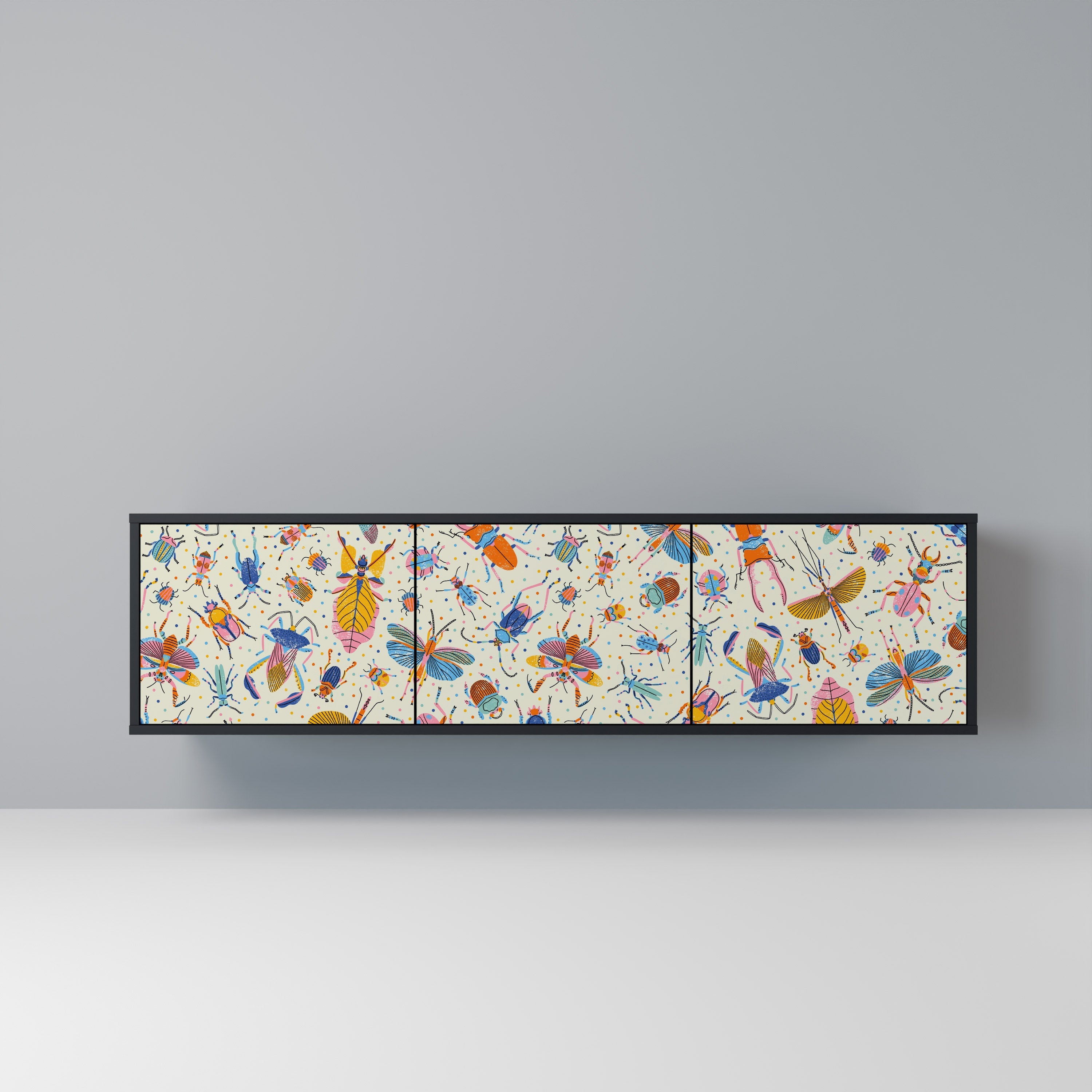 COLORFUL INSECTS 3-Door TV Stand in Black Finish