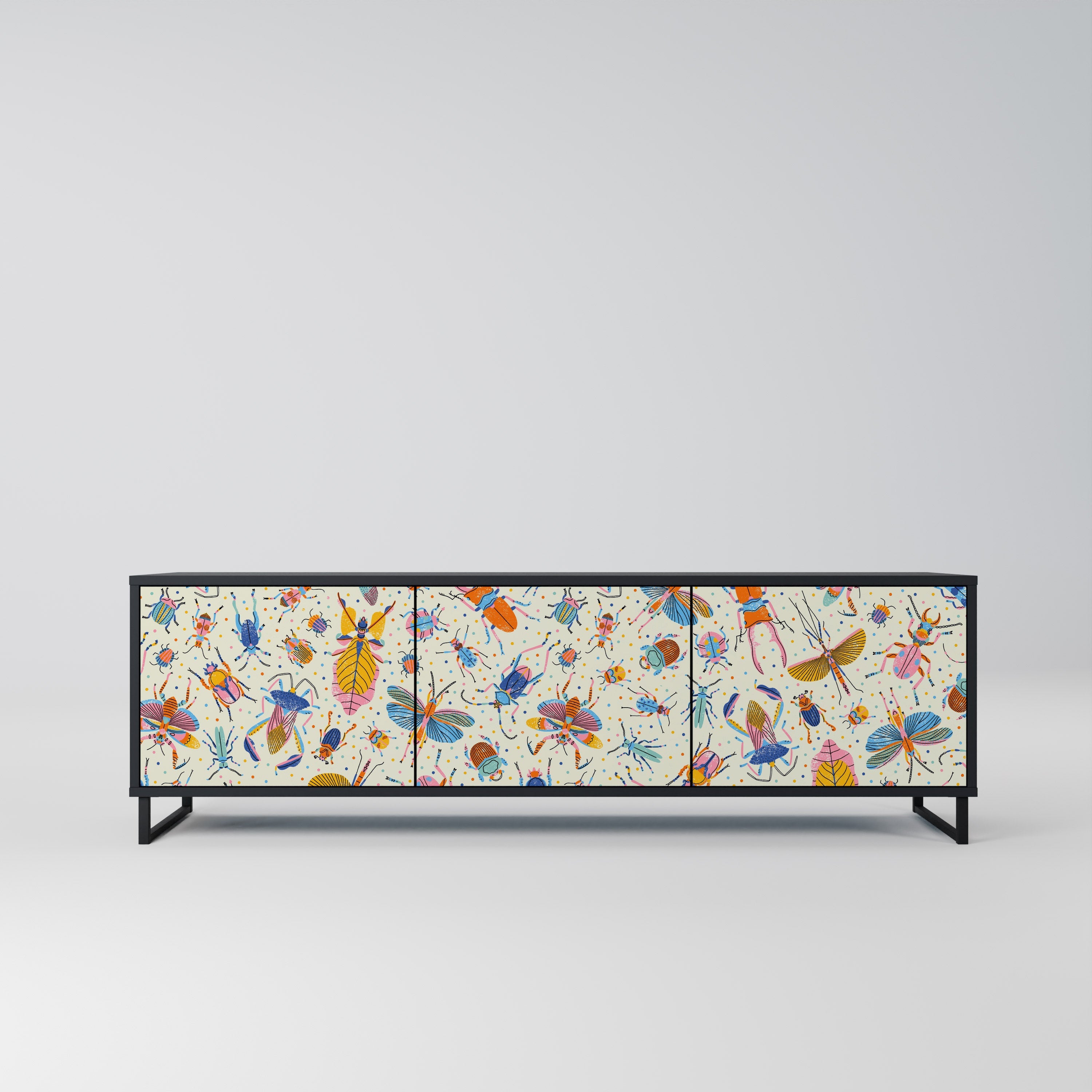 COLORFUL INSECTS 3-Door TV Stand in Black Finish