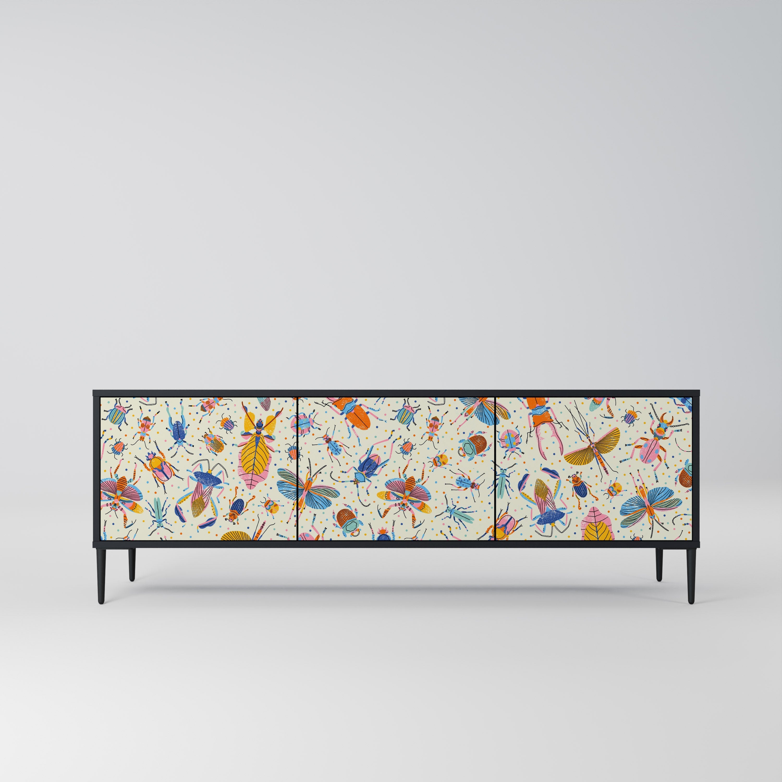 COLORFUL INSECTS 3-Door TV Stand in Black Finish