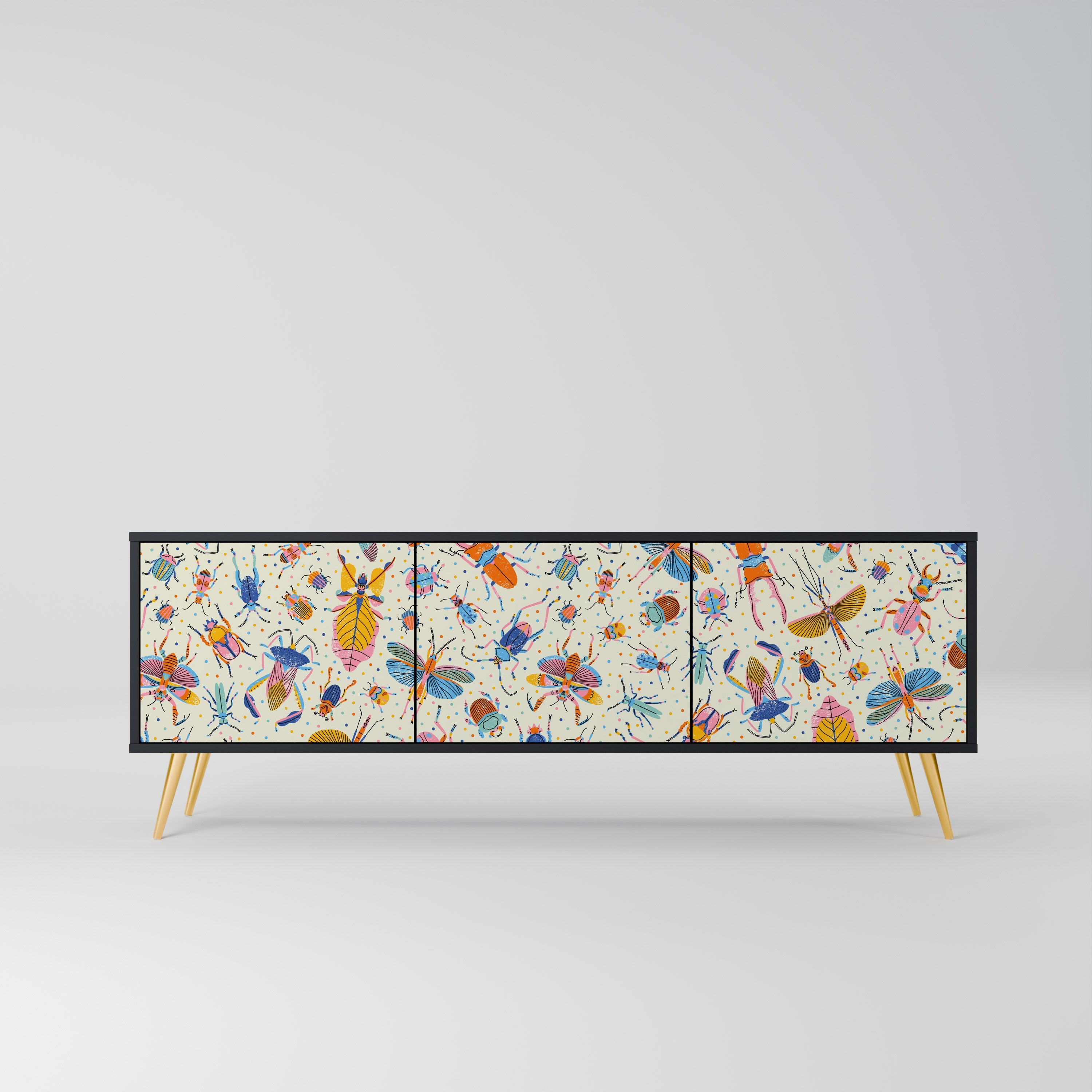 COLORFUL INSECTS 3-Door TV Stand in Black Finish
