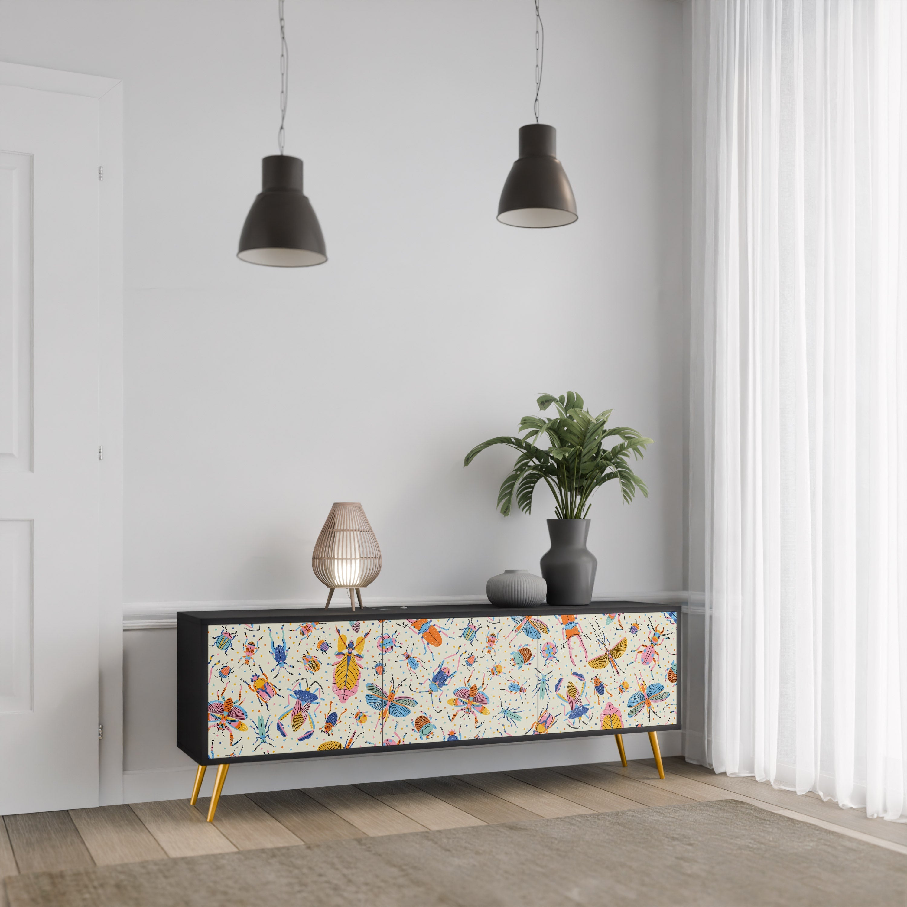 COLORFUL INSECTS Móvel de TV com 3 Portas em Acabamento Preto