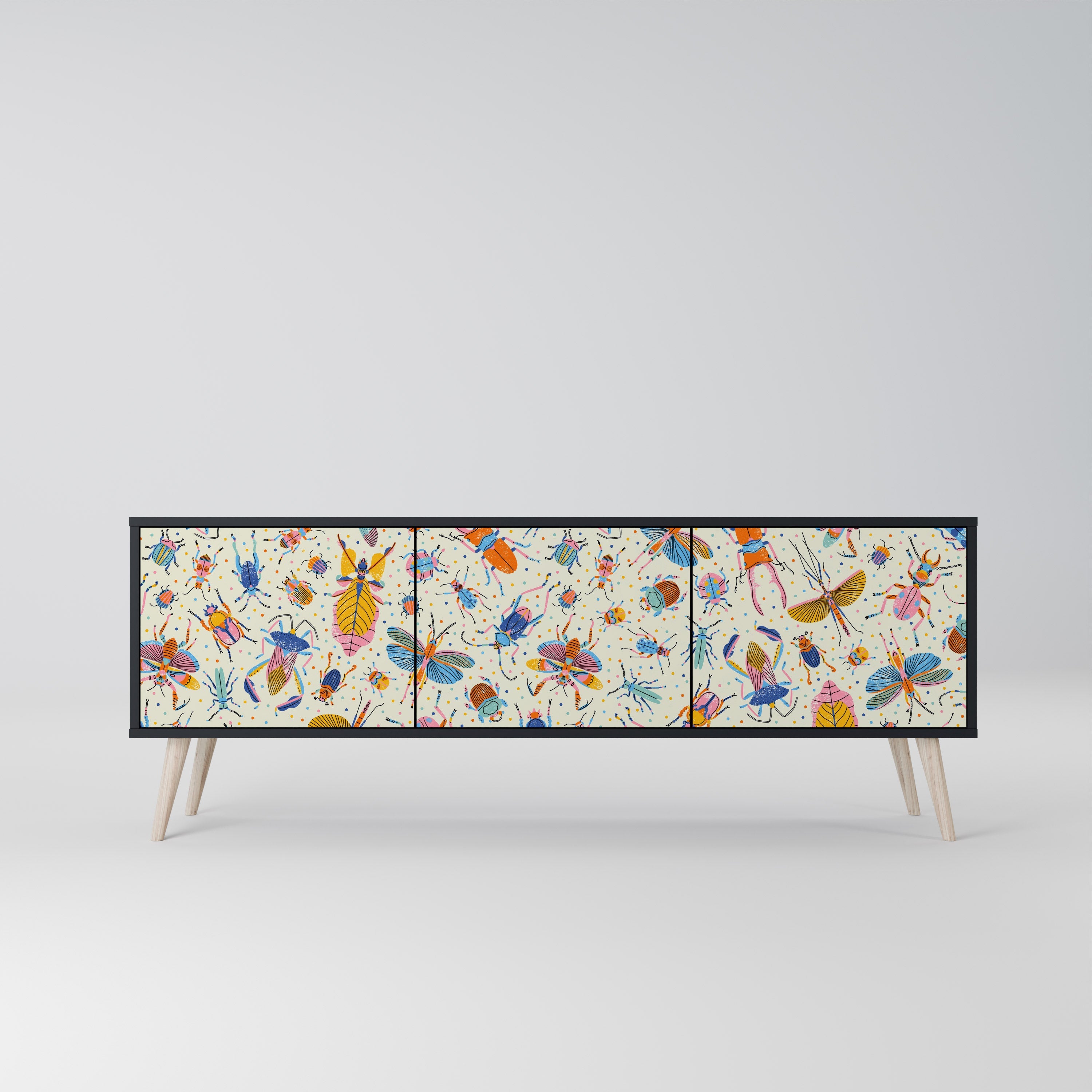 COLORFUL INSECTS 3-Door TV Stand in Black Finish