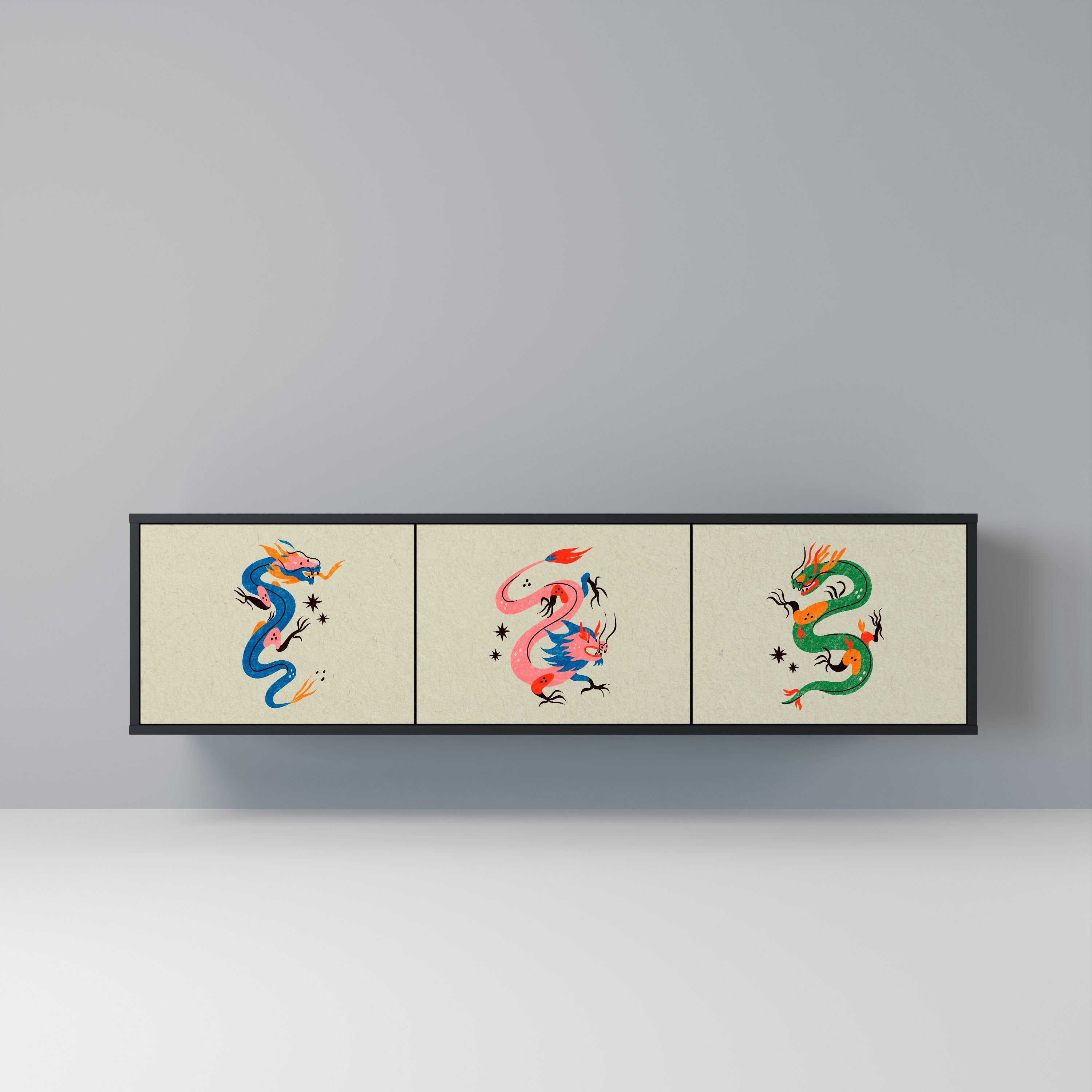 MYTHOLOGICAL CREATURES 3-Door TV Stand in Black Finish