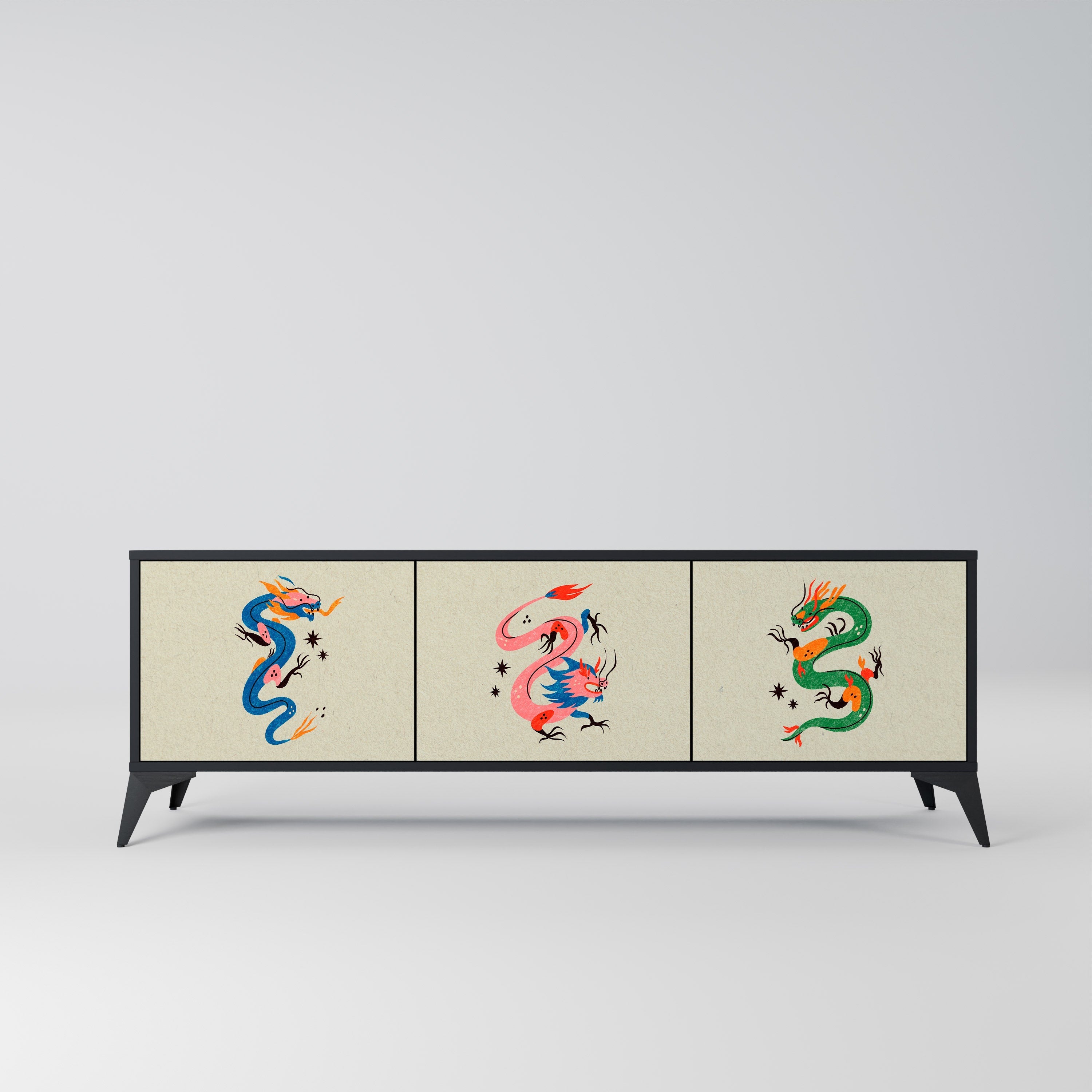 MYTHOLOGICAL CREATURES 3-Door TV Stand in Black Finish