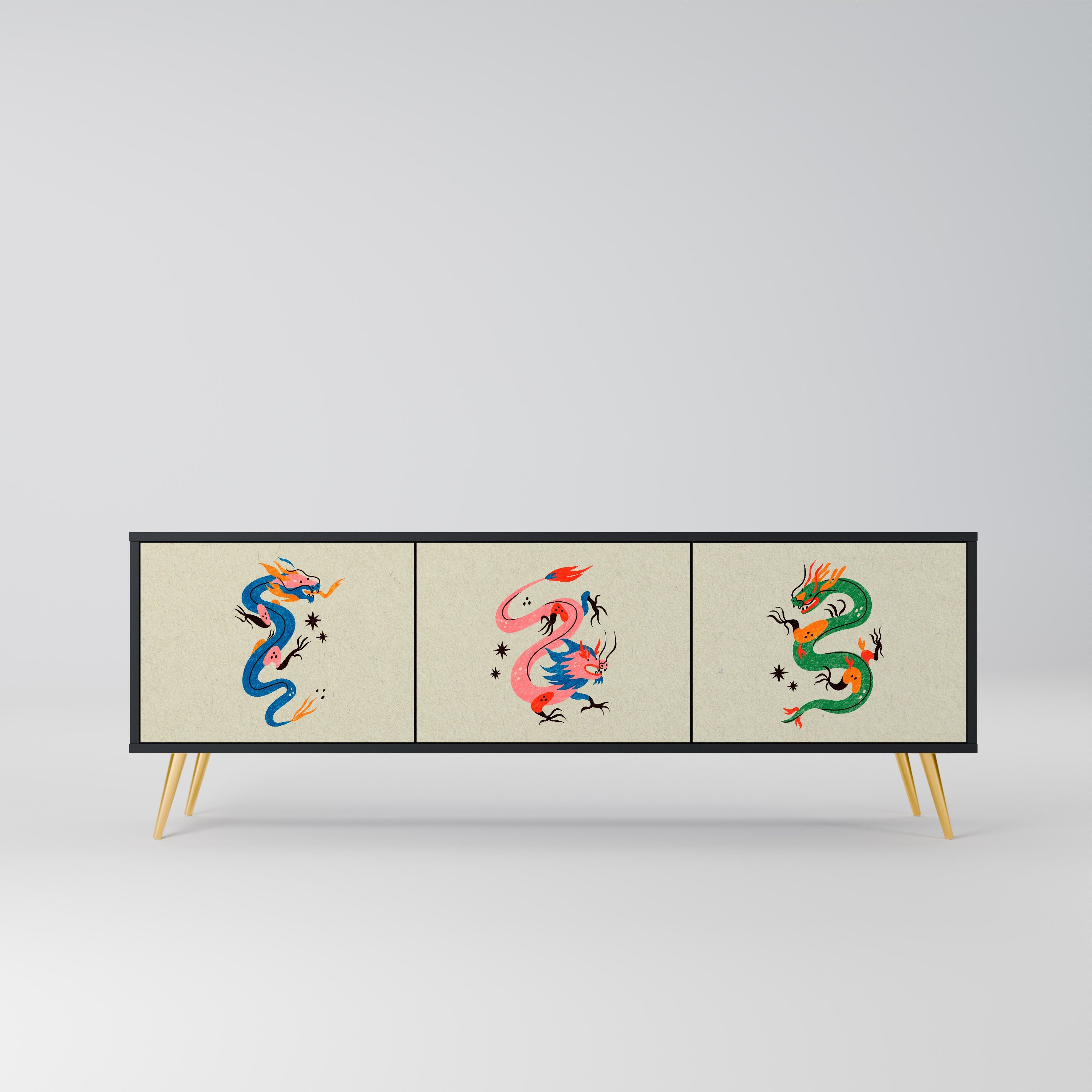 MYTHOLOGICAL CREATURES 3-Door TV Stand in Black Finish