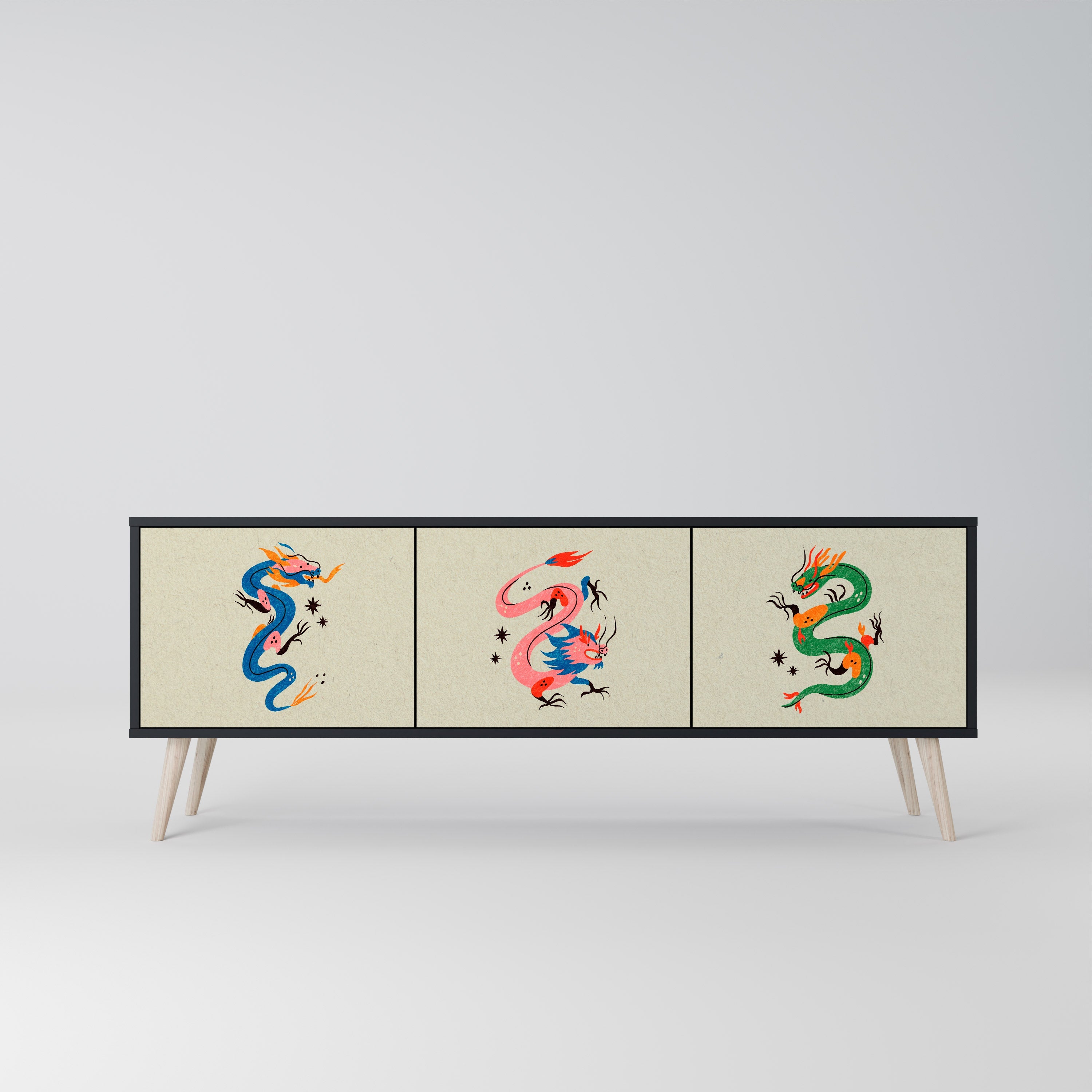 MYTHOLOGICAL CREATURES 3-Door TV Stand in Black Finish