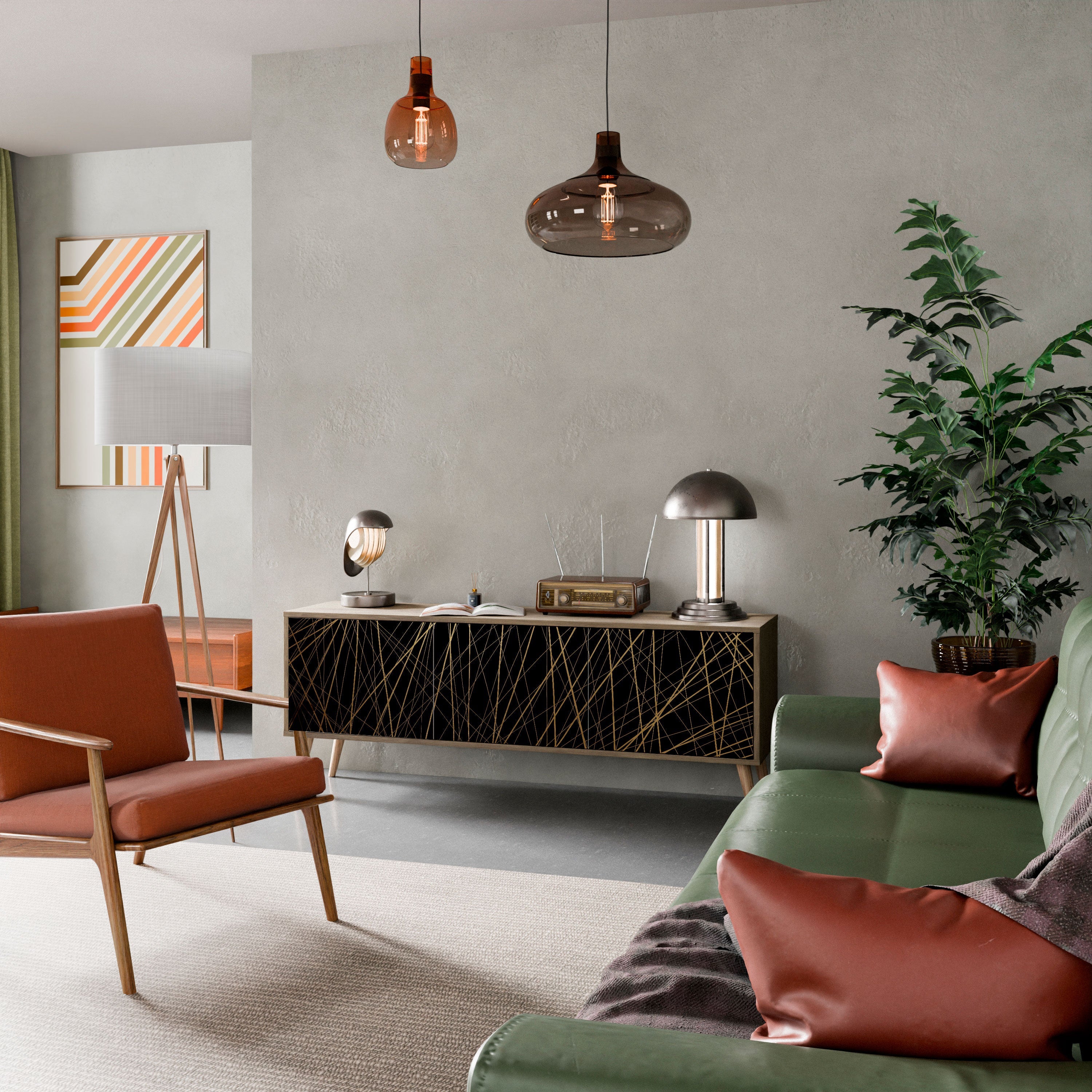 BRIGHT MESH 3-Door TV Stand in Oak Effect