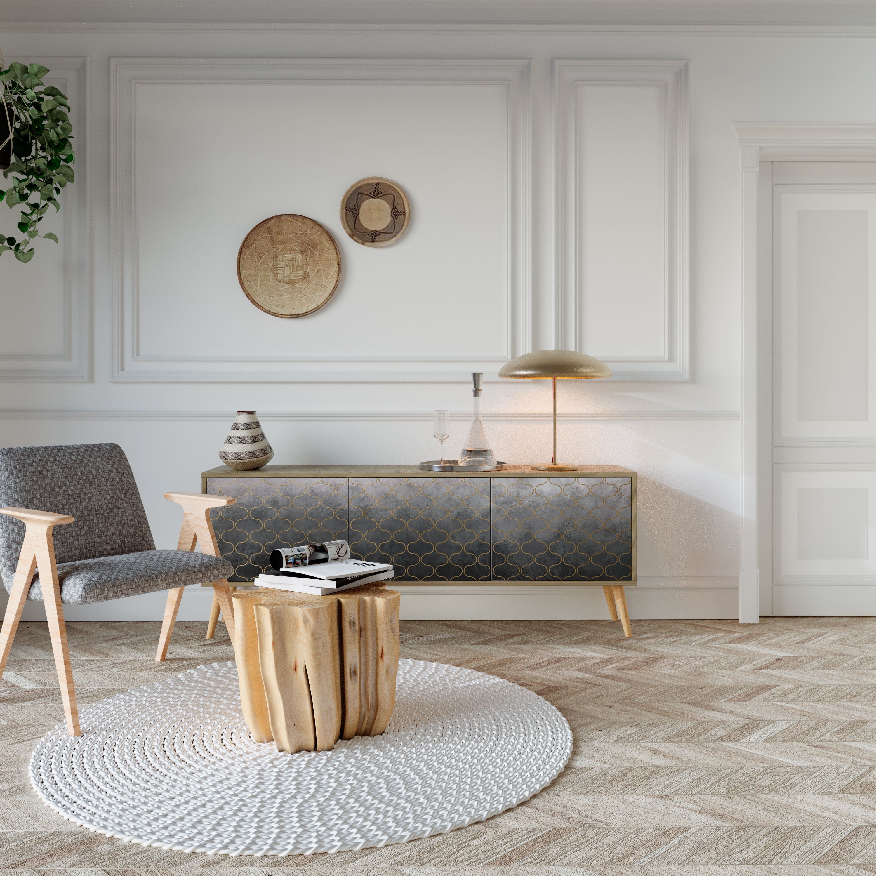 TESSELATED GRAYISH Móvel de TV com 3 Portas em Efeito Carvalho