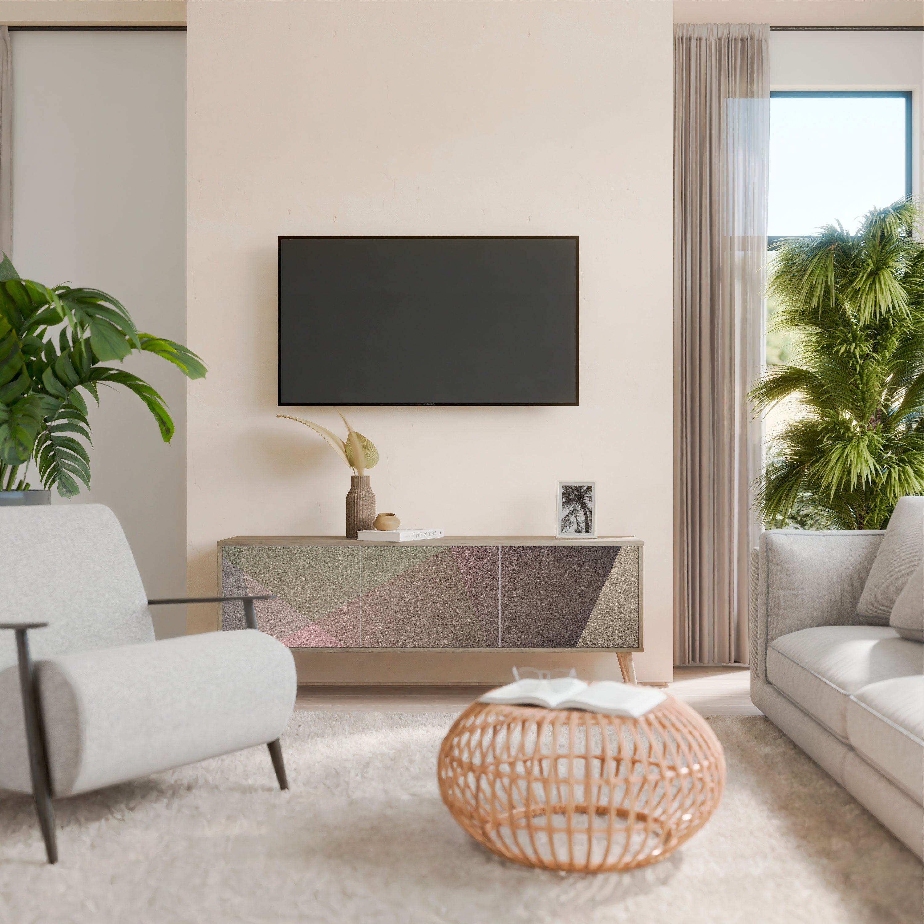 BEIGE GEOMETRY Móvel de TV com 3 Portas em Efeito Carvalho