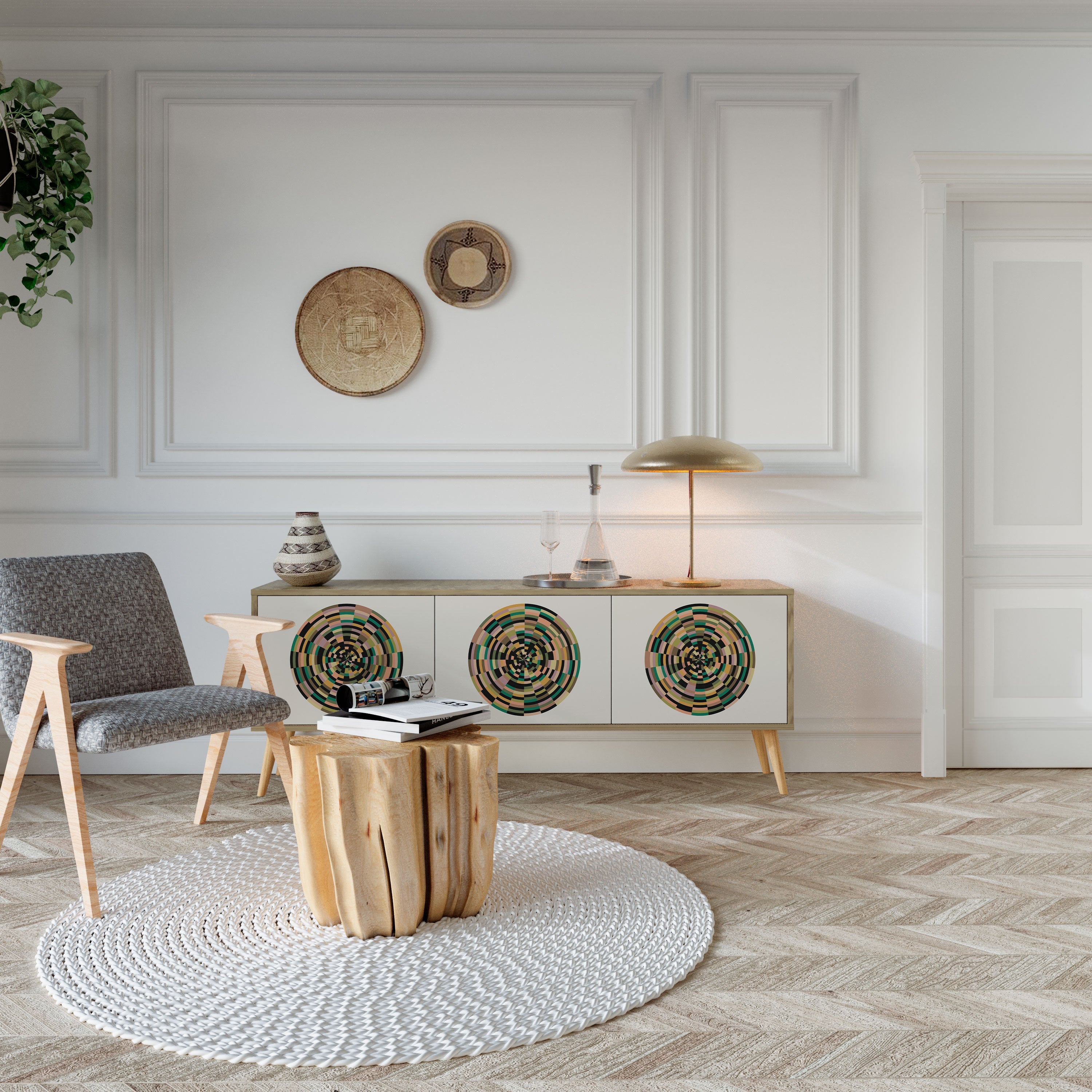 GREEN CIRCLES Móvel de TV com 3 Portas em Efeito Carvalho