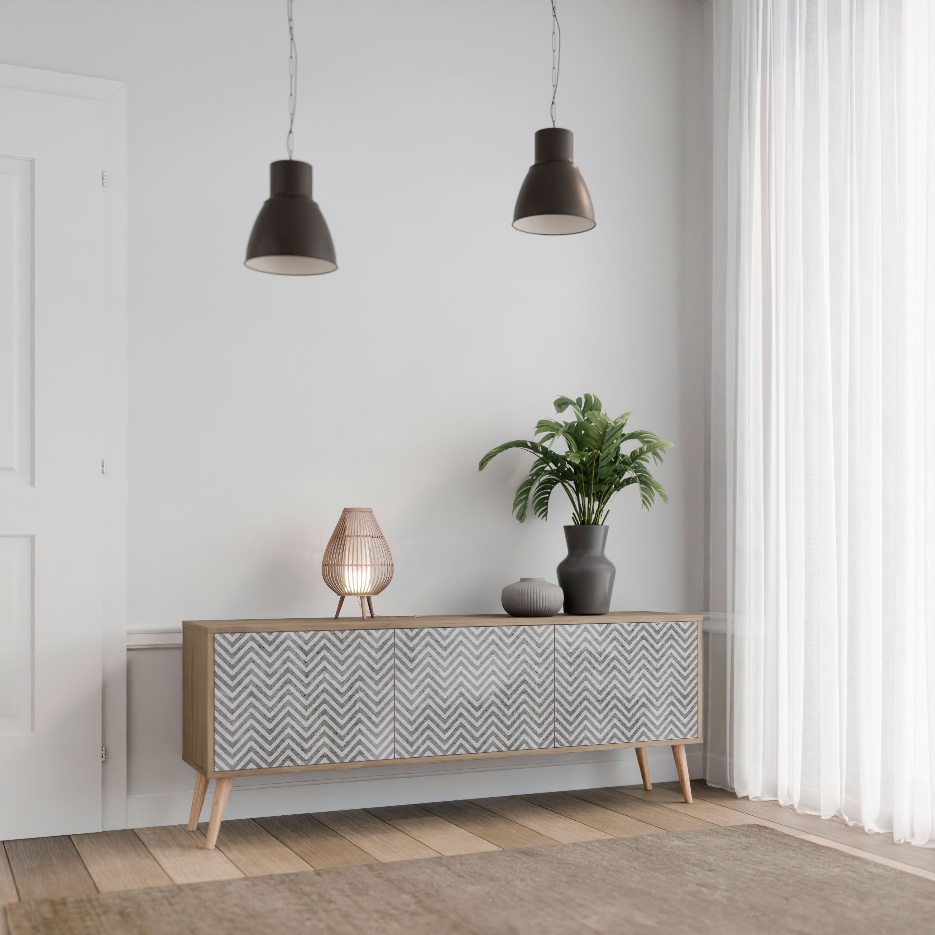 CONCRETE ZIG ZAG Móvel de TV com 3 Portas em Efeito Carvalho