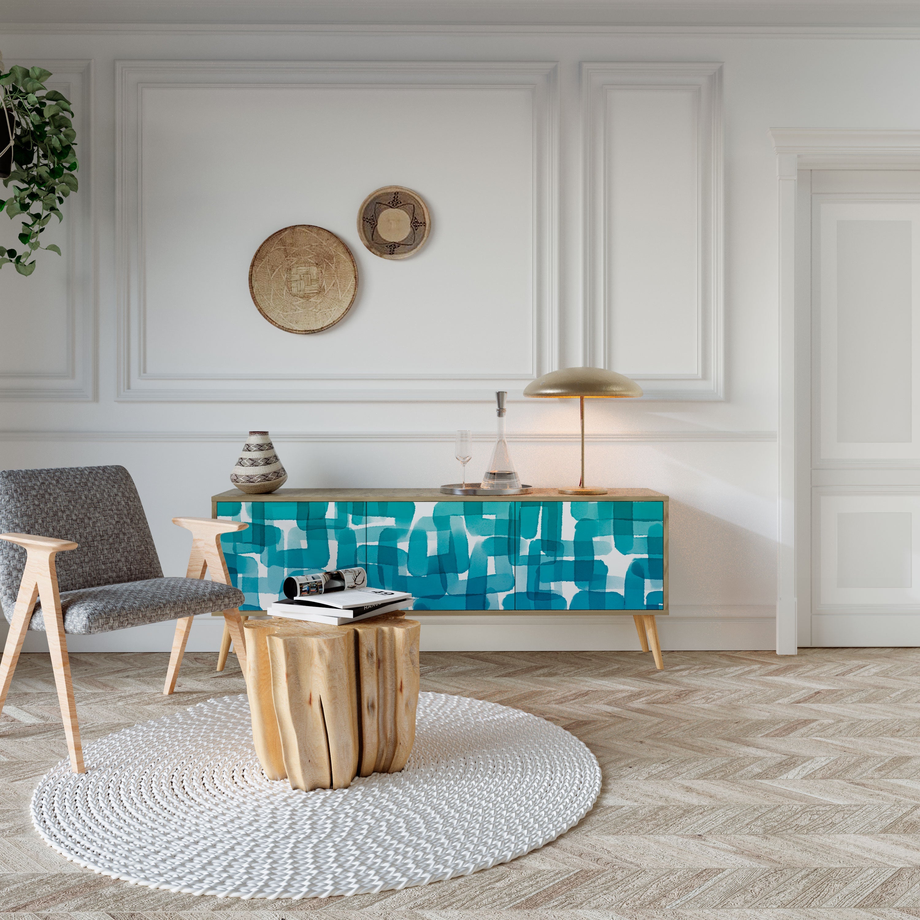 TURQUOISE RECTANGLES Móvel de TV com 3 Portas em Efeito Carvalho
