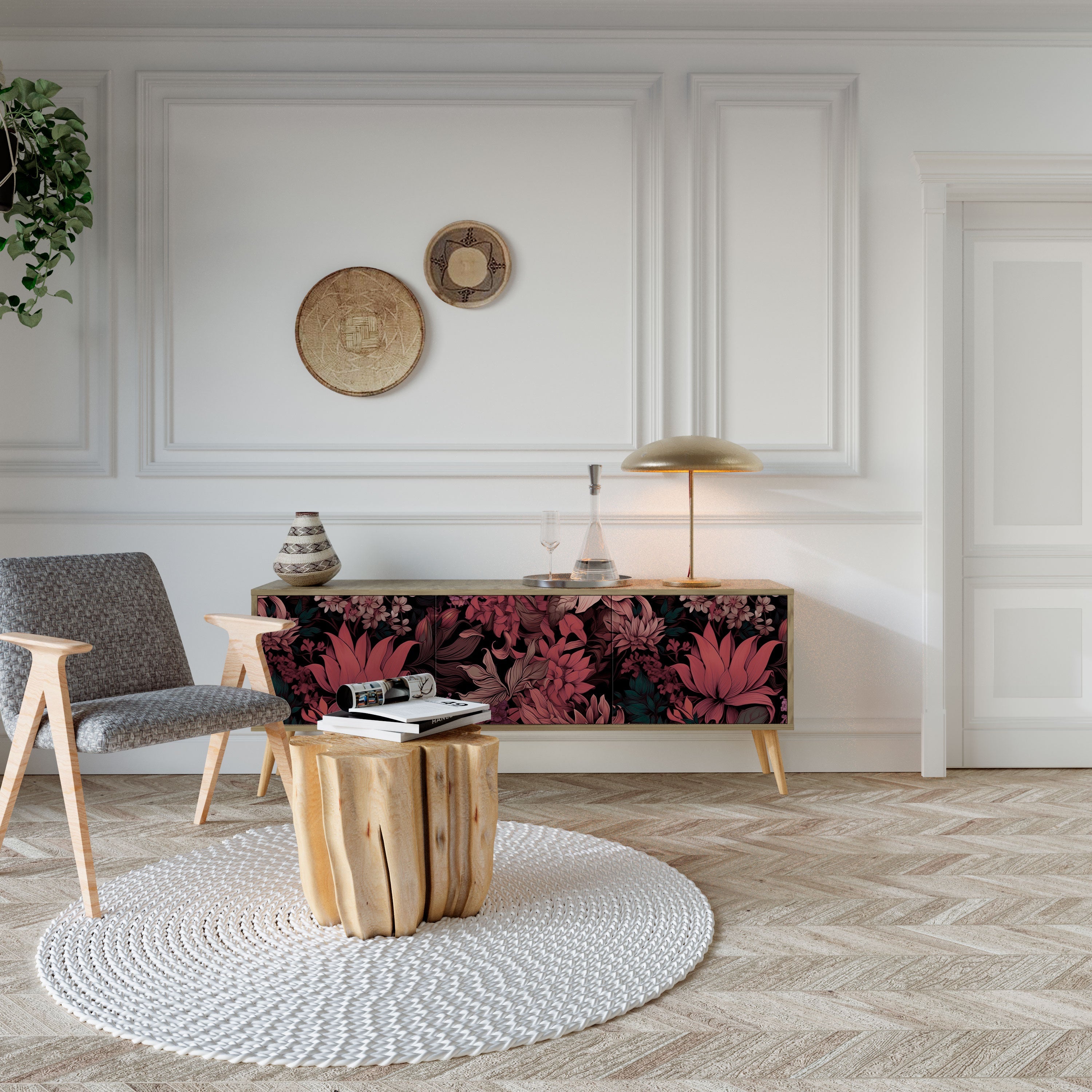 FLORAL WHISPER Móvel de TV com 3 Portas em Efeito Carvalho