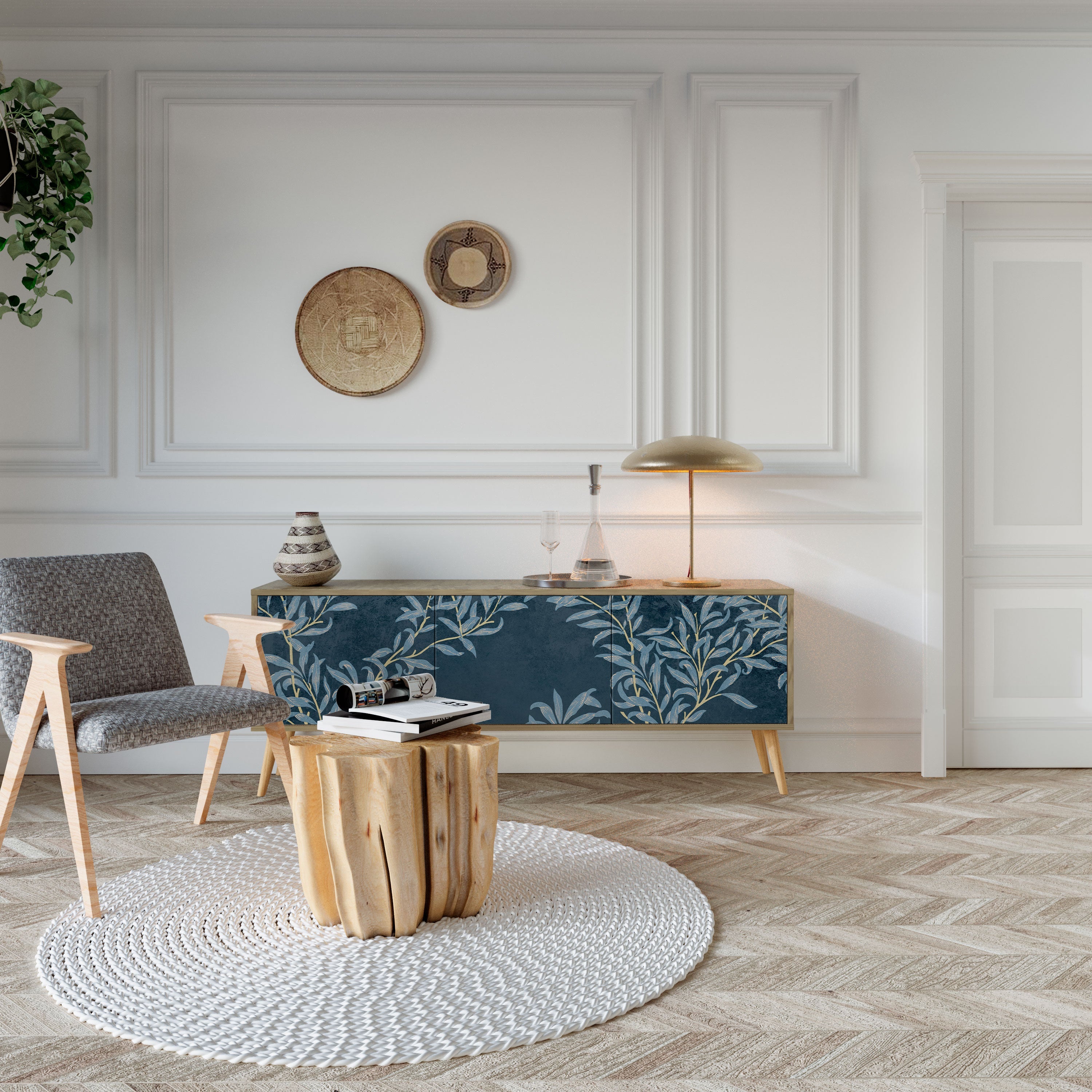 BLUE LEAVES Móvel de TV com 3 Portas em Efeito Carvalho