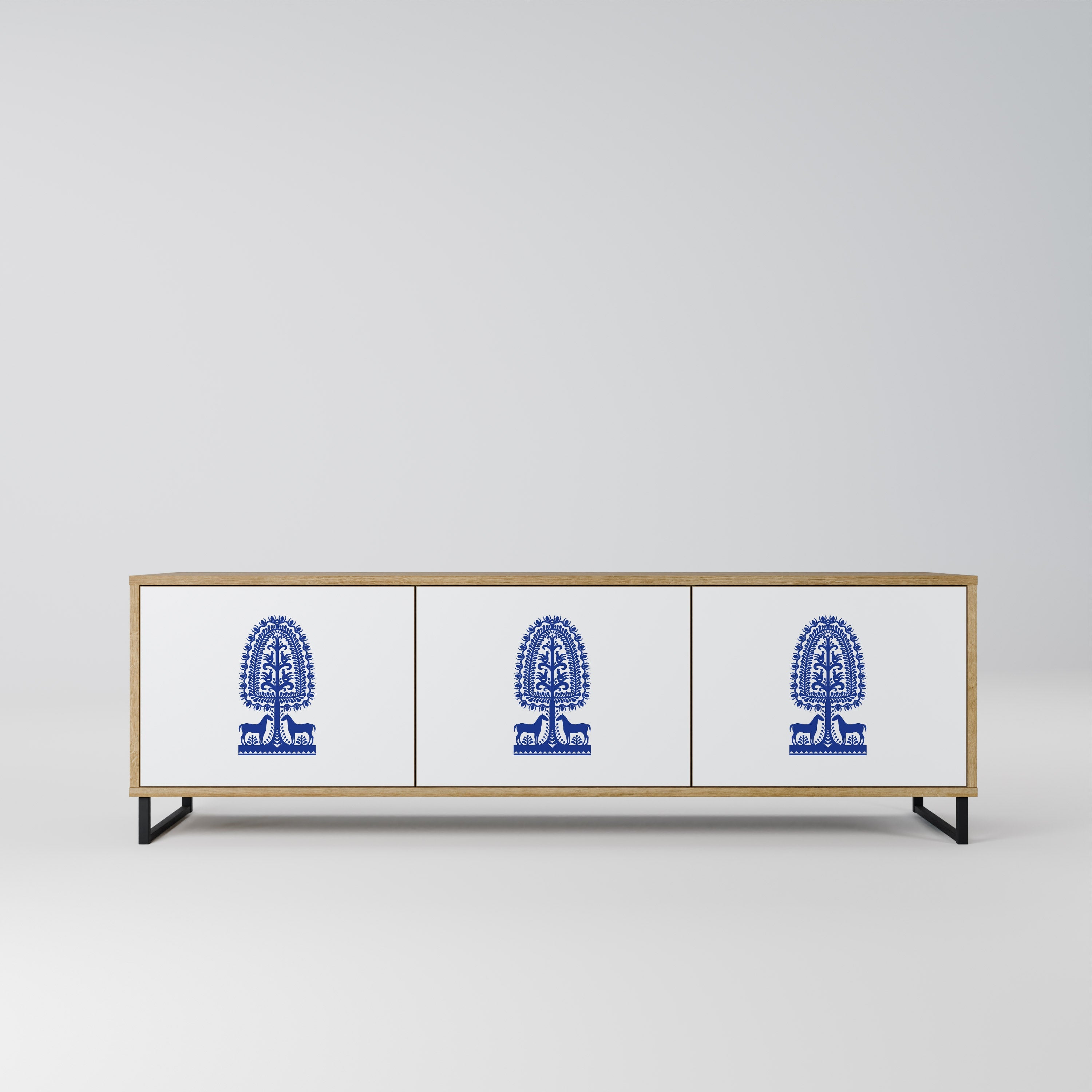 POLISH FOLK ART 3-Door TV Stand in Oak Effect