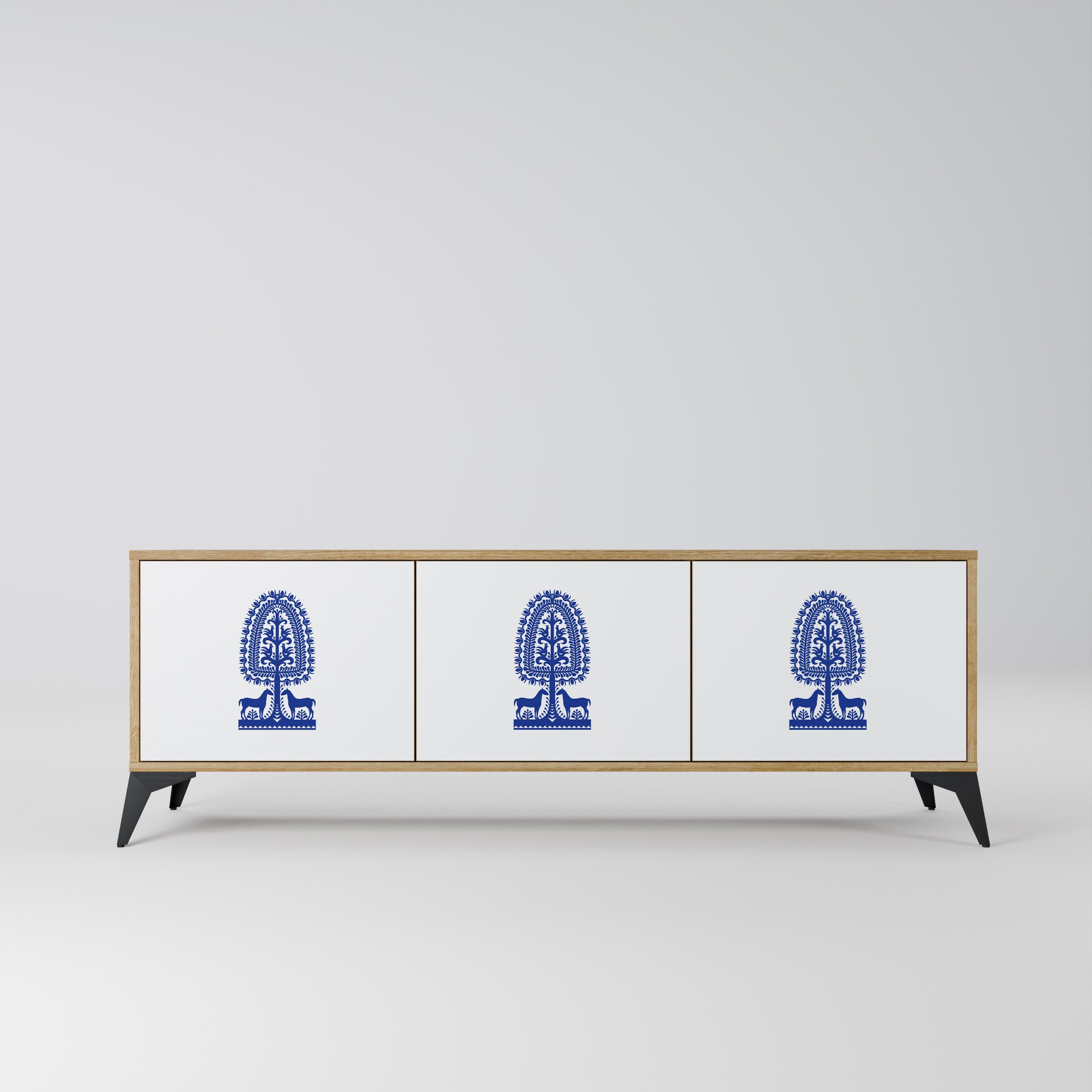POLISH FOLK ART 3-Door TV Stand in Oak Effect