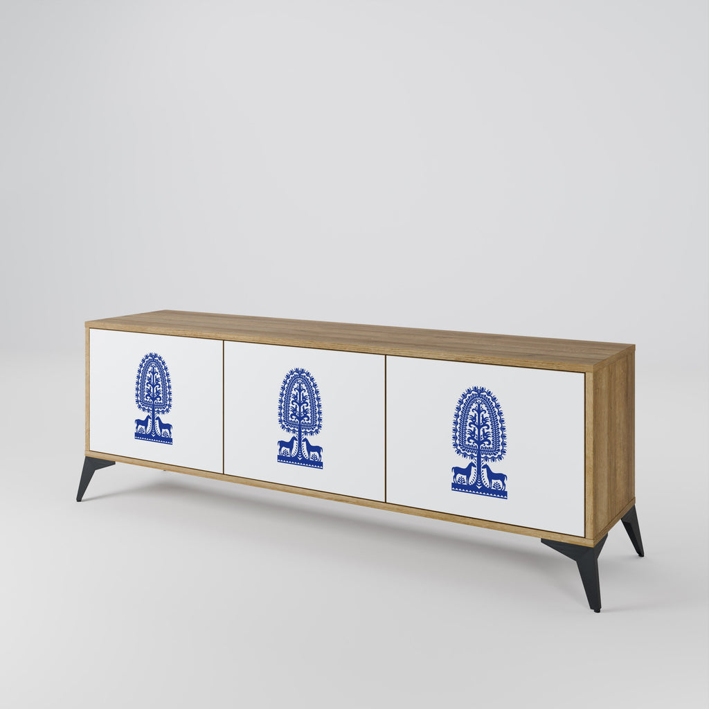 POLISH FOLK ART 3-Door TV Stand in Oak Effect