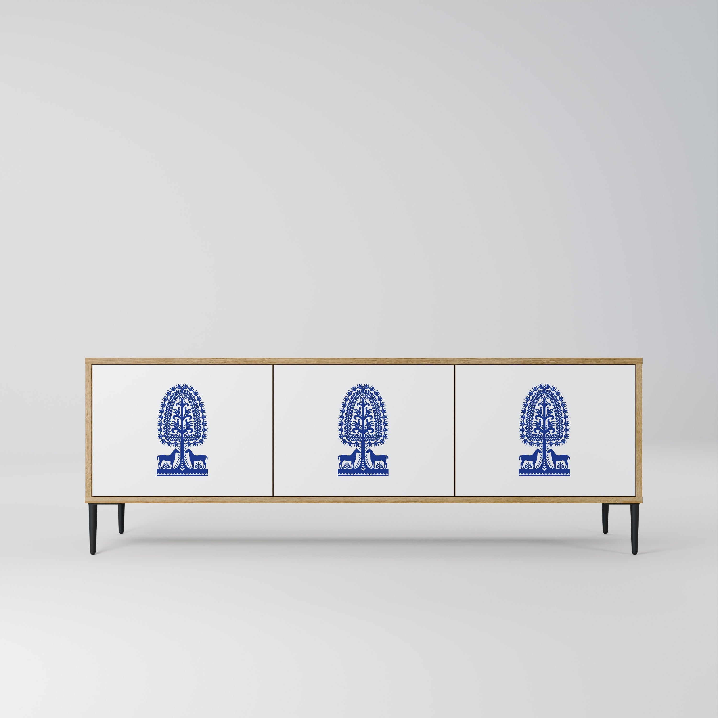 POLISH FOLK ART 3-Door TV Stand in Oak Effect