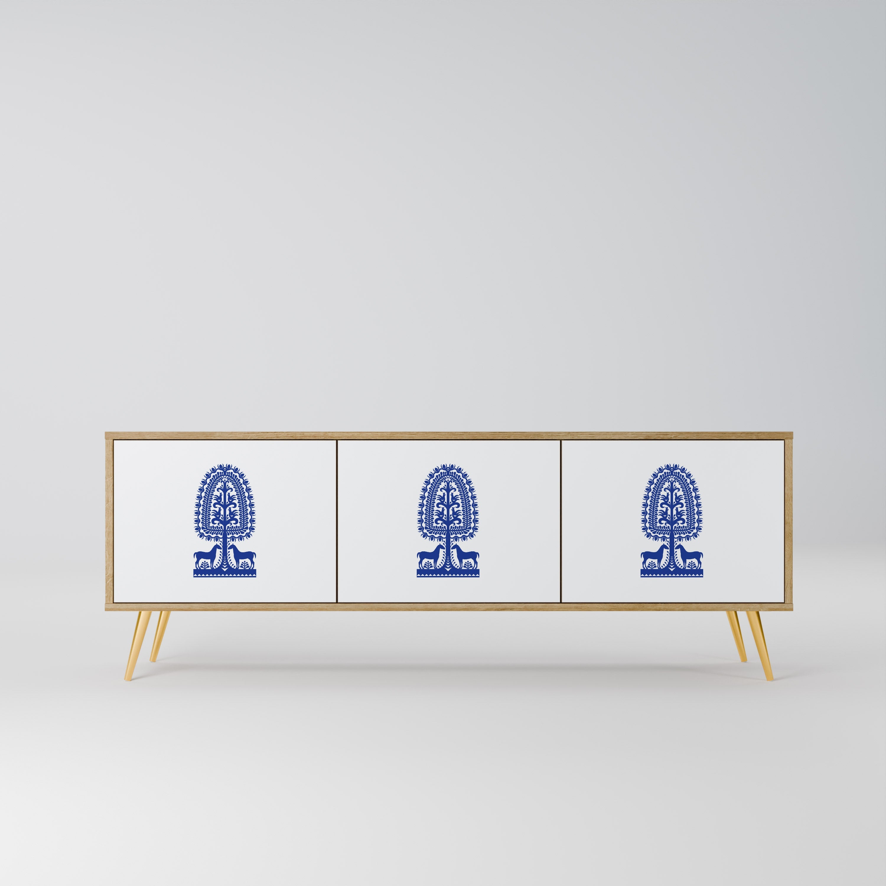 POLISH FOLK ART 3-Door TV Stand in Oak Effect