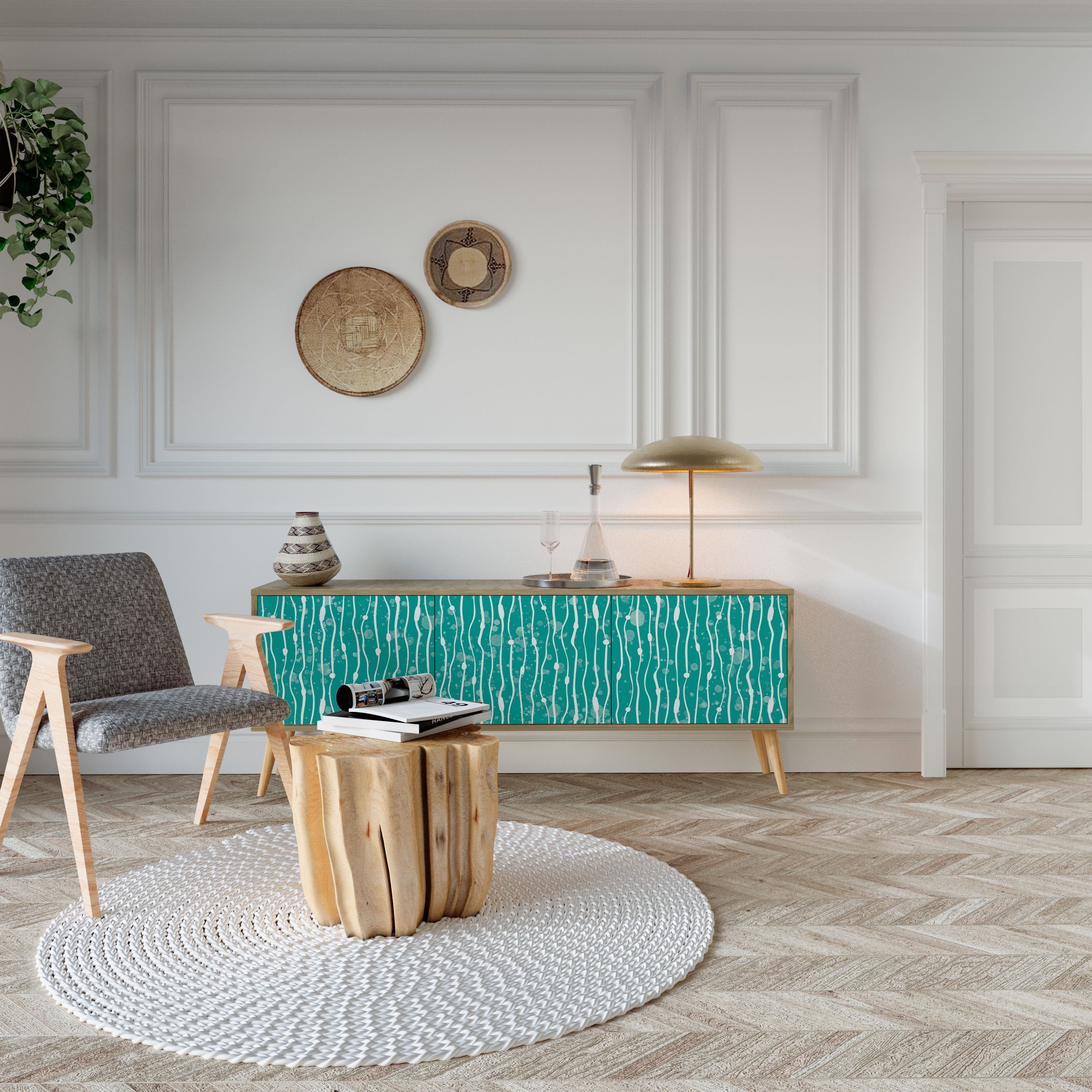 TURQUOISE RAIN 3-Door TV Stand in Oak Effect