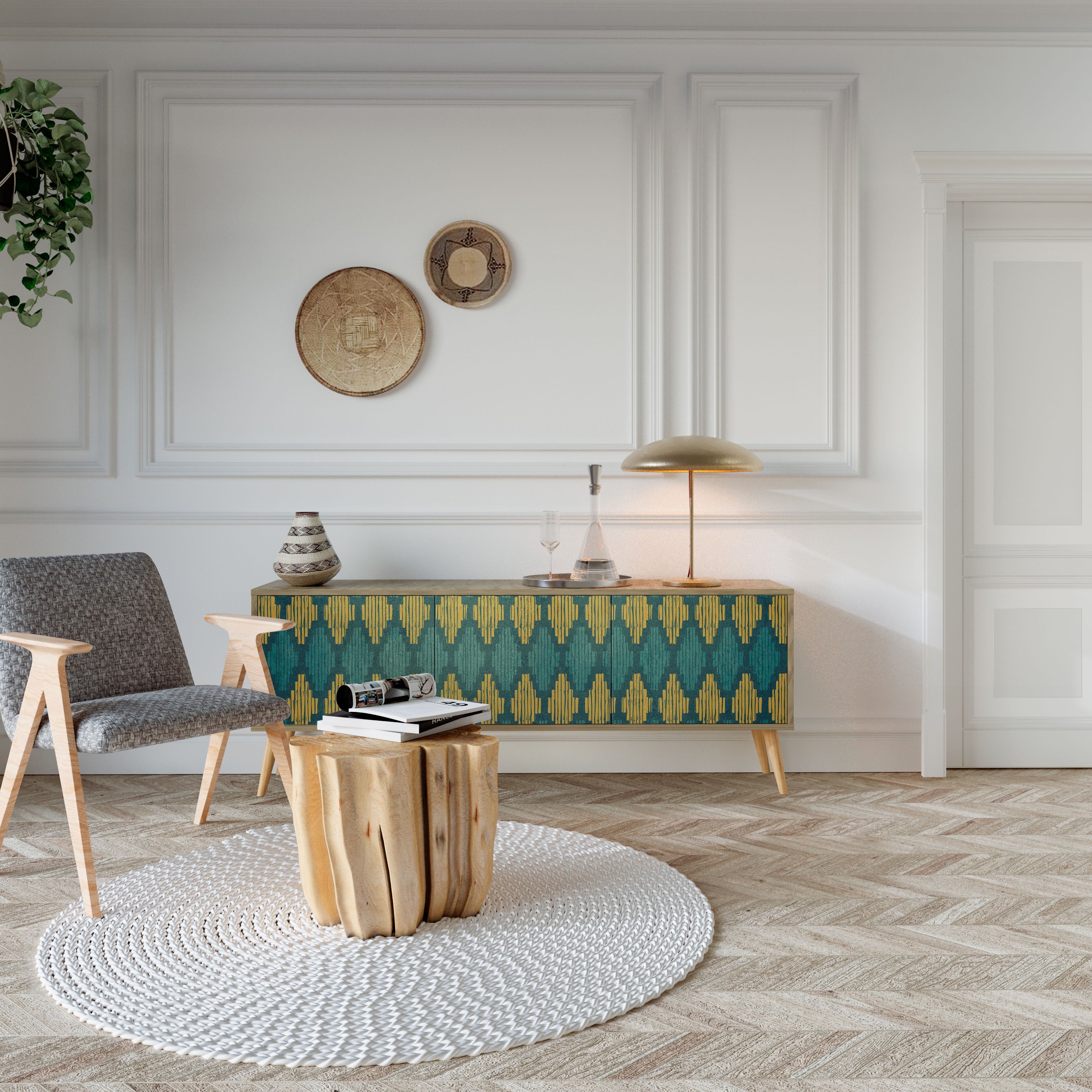 POLYGONS 3-Door TV Stand in Oak Effect