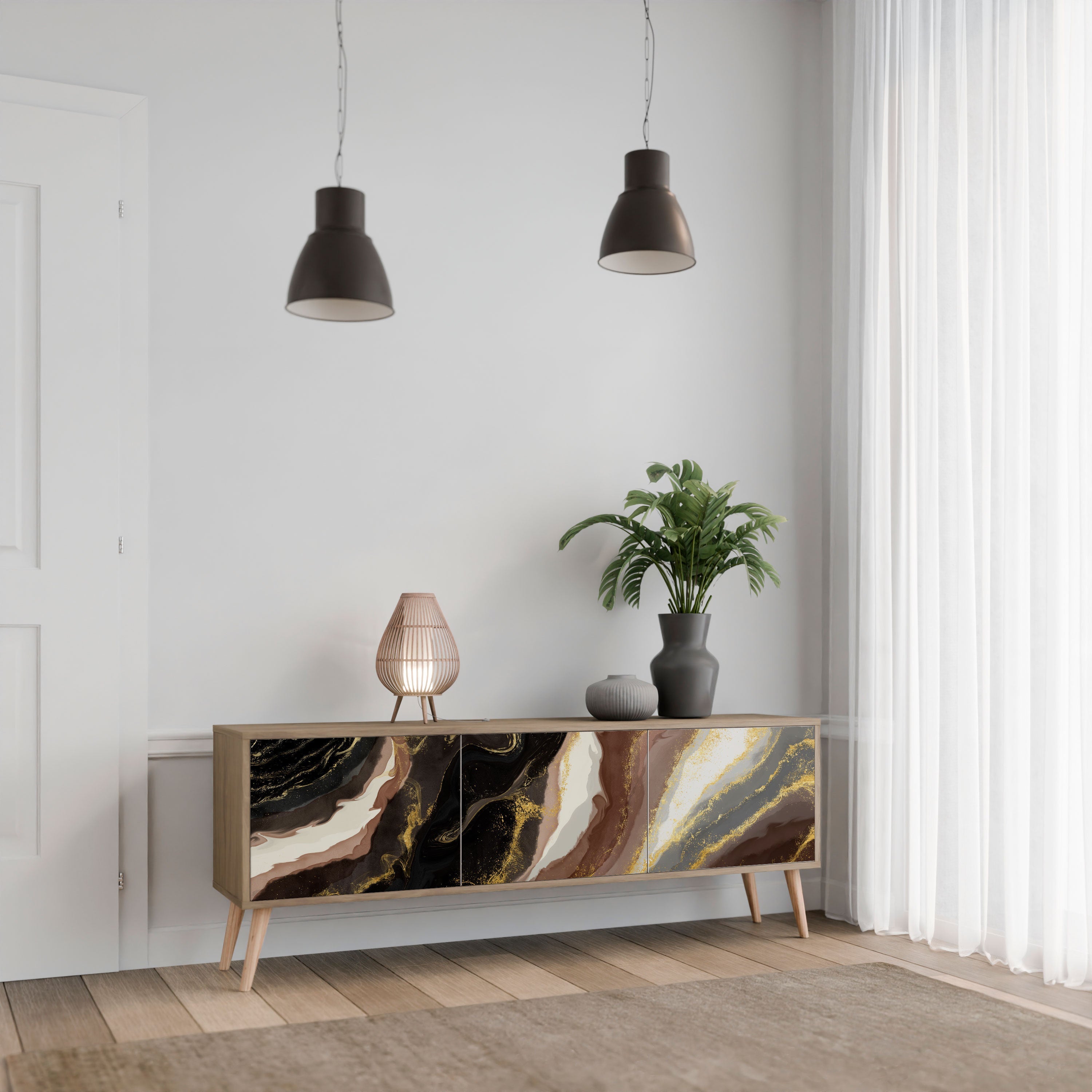 GOLD DUST 3-Door TV Stand in Oak Effect