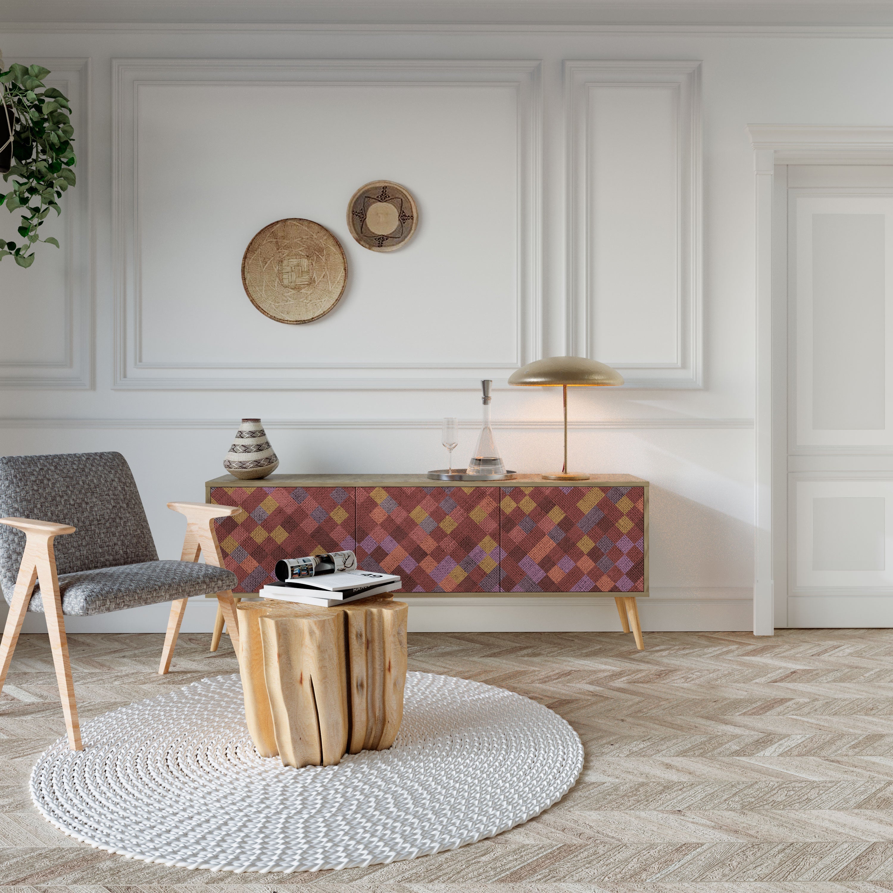 PAINTED SQUARES 3-Door TV Stand in Oak Effect