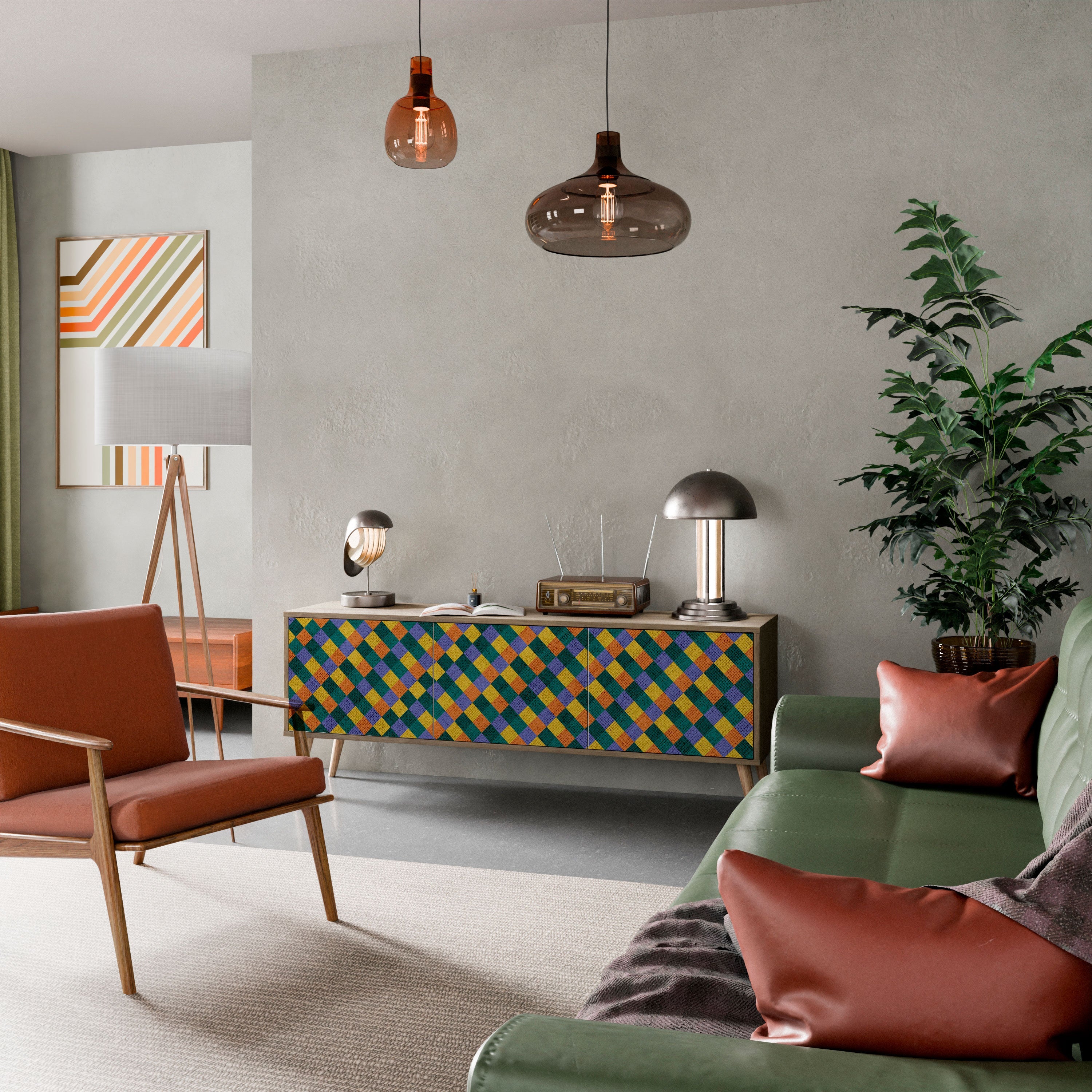 PAINTED SQUARES MIX 3-Door TV Stand in Oak Effect