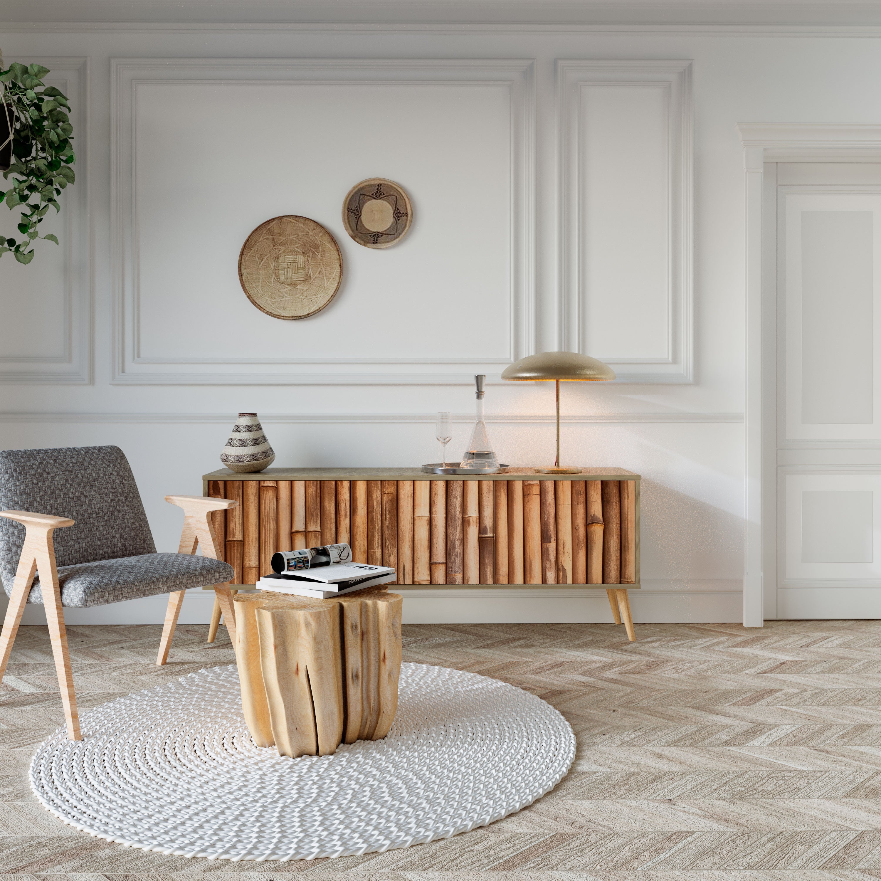 NATURAL WOOD 3-Door TV Stand in Oak Effect